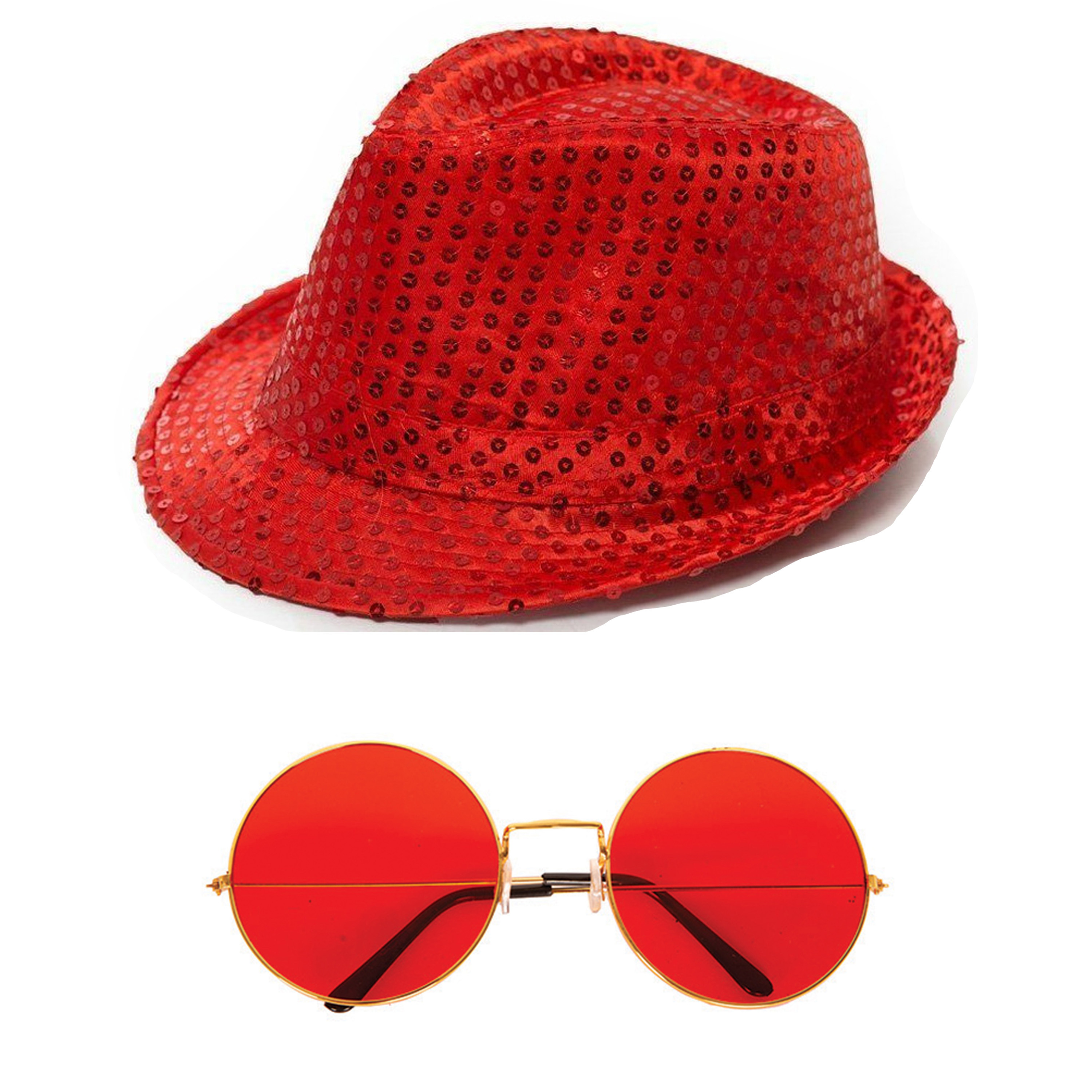 Toppers Carnaval verkleed set glitter hoed en ronde party bril rood