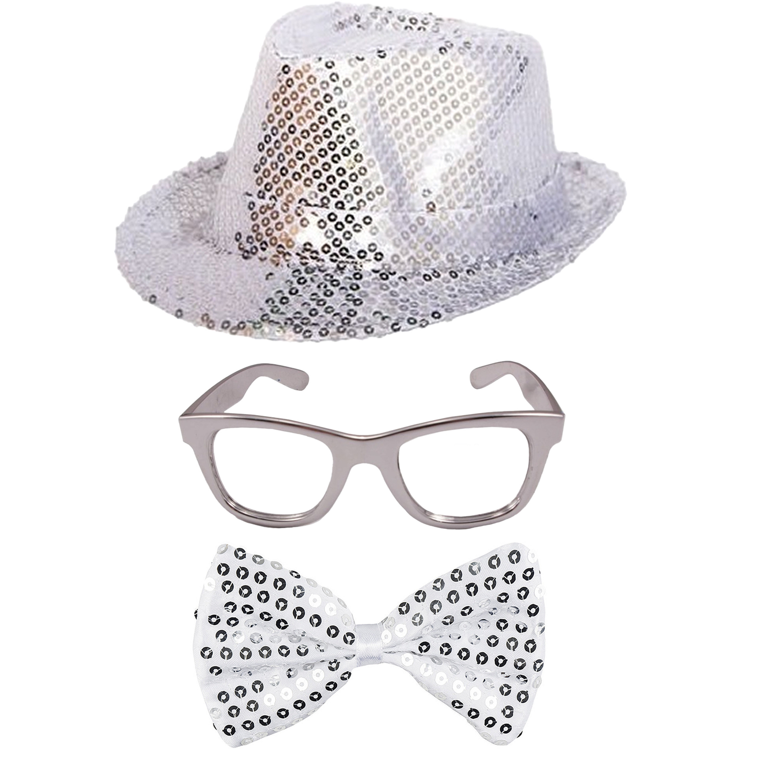 Toppers Carnaval verkleed set hoed-strikje-bril zilver glitters