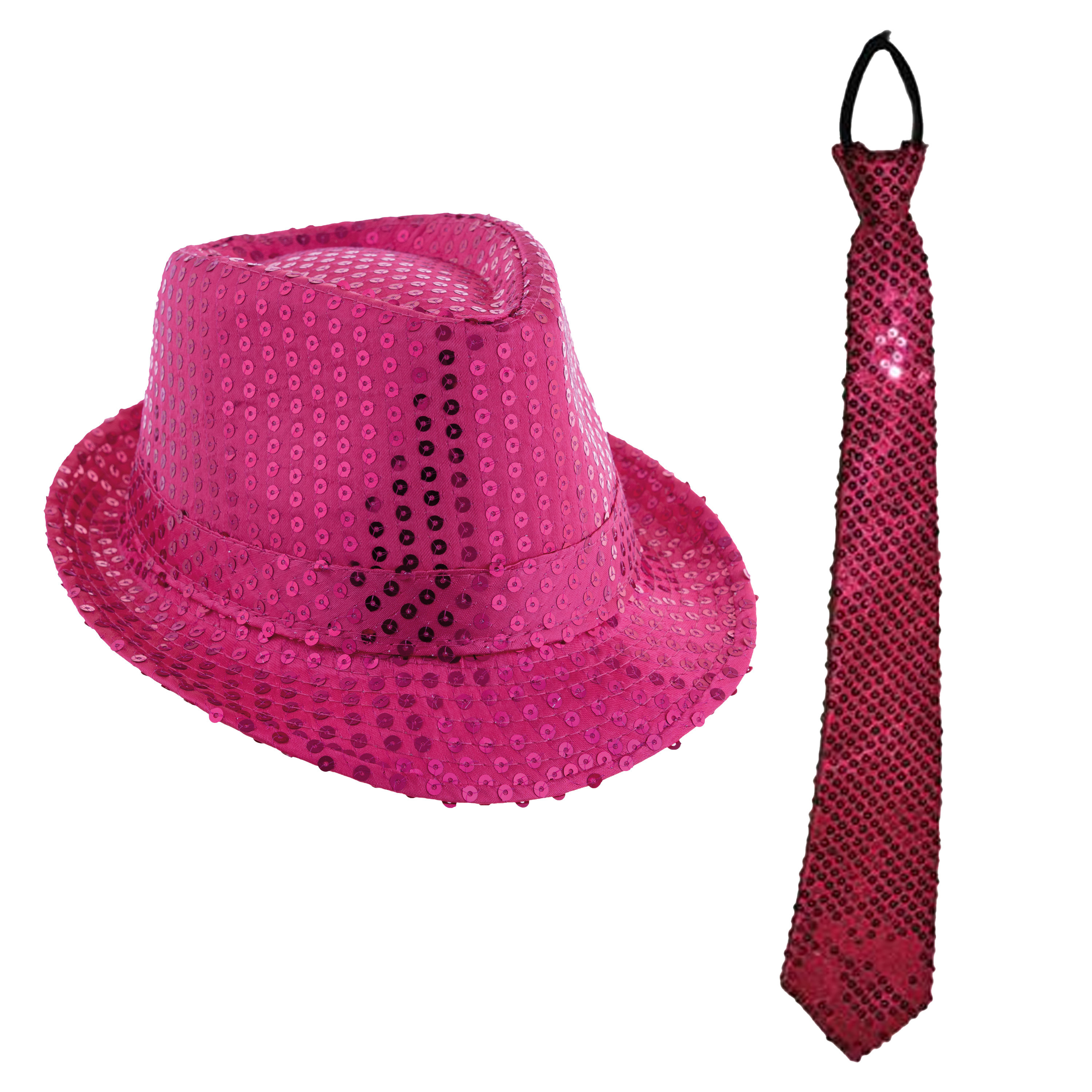 Toppers Carnaval verkleed setje glitter hoedje en stropdas fuchsia roze volwassenen met pailletten