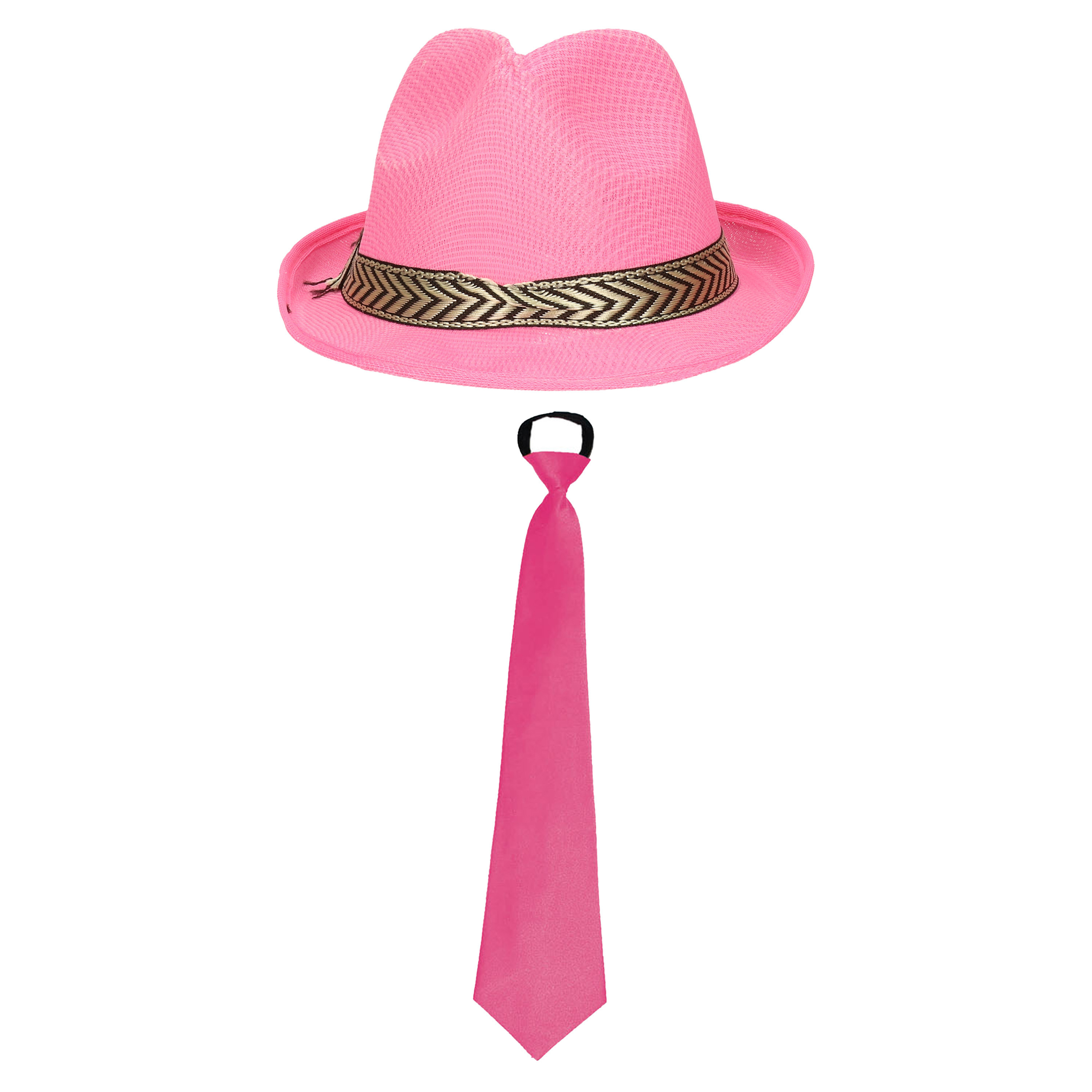 Toppers Carnaval verkleedset Pinkman hoed en stropdas roze heren-dames verkleedkleding