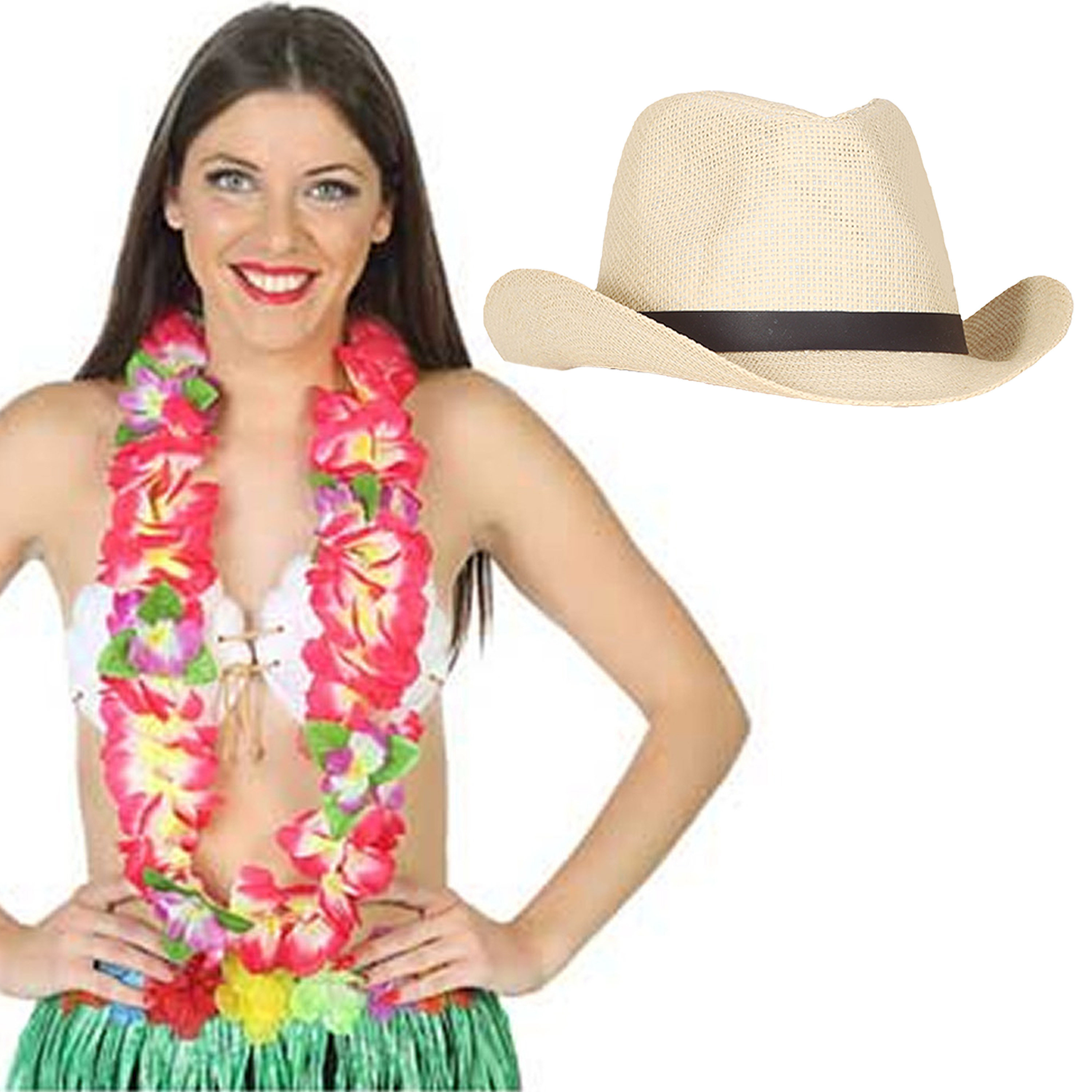 Toppers Carnaval verkleedset Tropical Hawaii party stro cowboy hoed en volle bloemenslinger roze