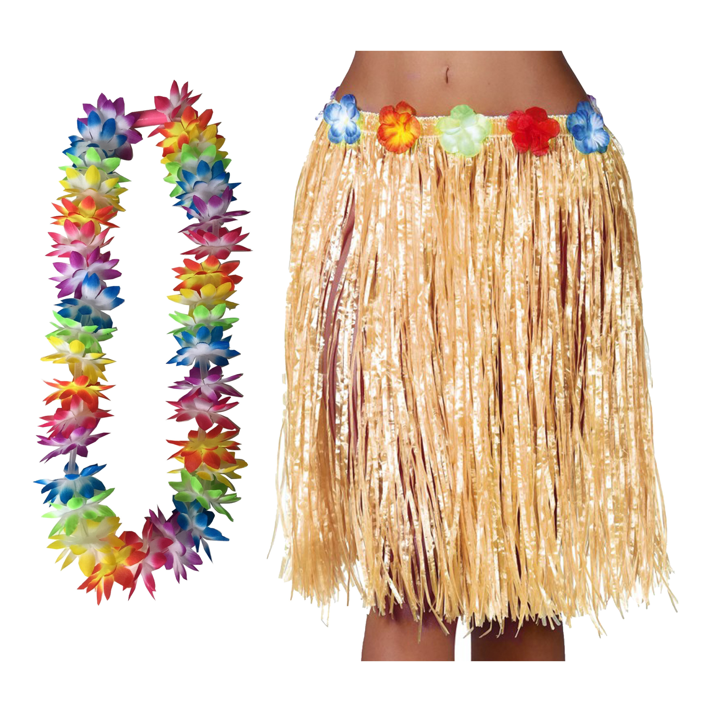 Toppers Hawaii verkleed hoela rokje en bloemenkrans met led volwassenen naturel tropisch themafeest