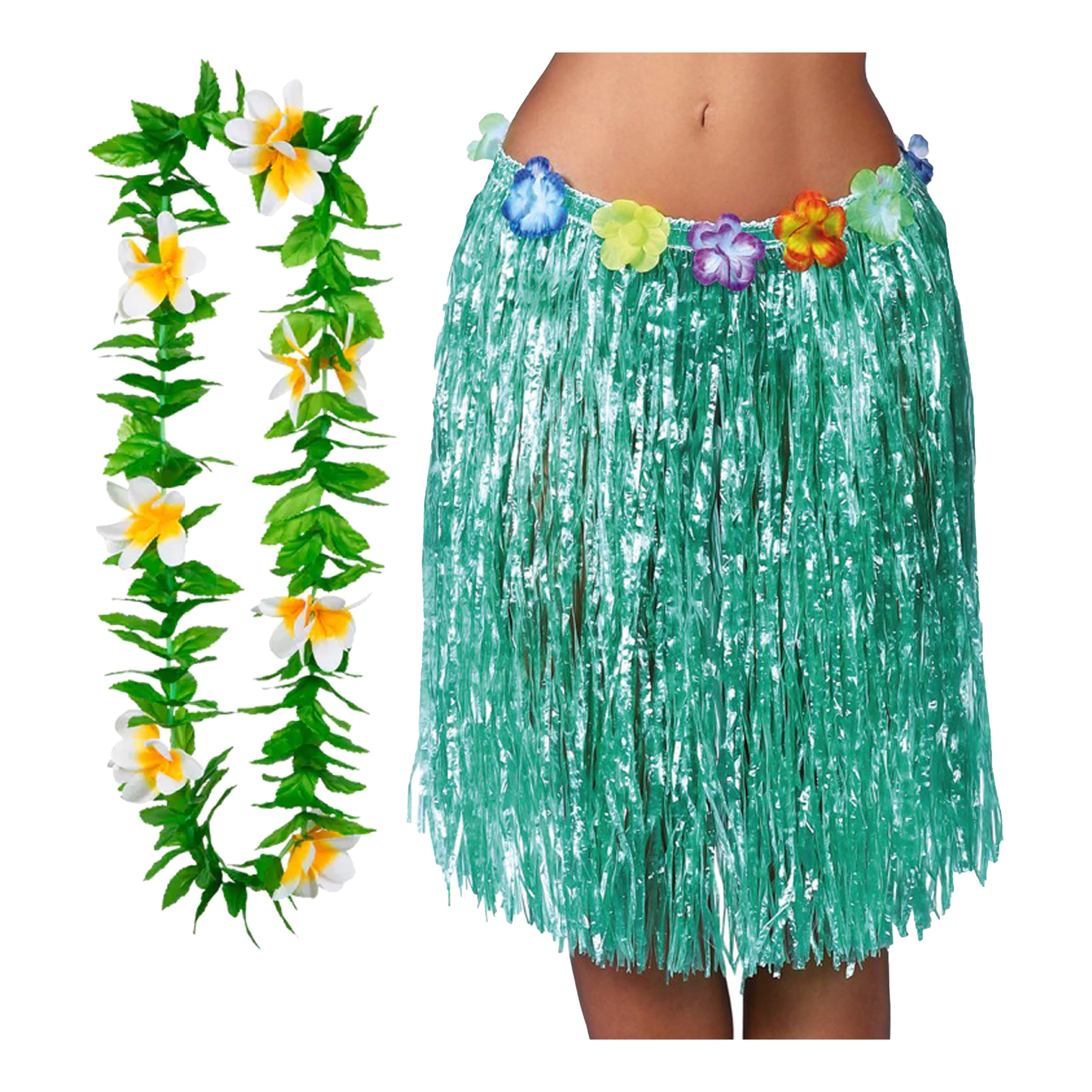 Toppers Hawaii verkleed hoela rokje en bloemenkrans volwassenen groen tropisch themafeest hoela