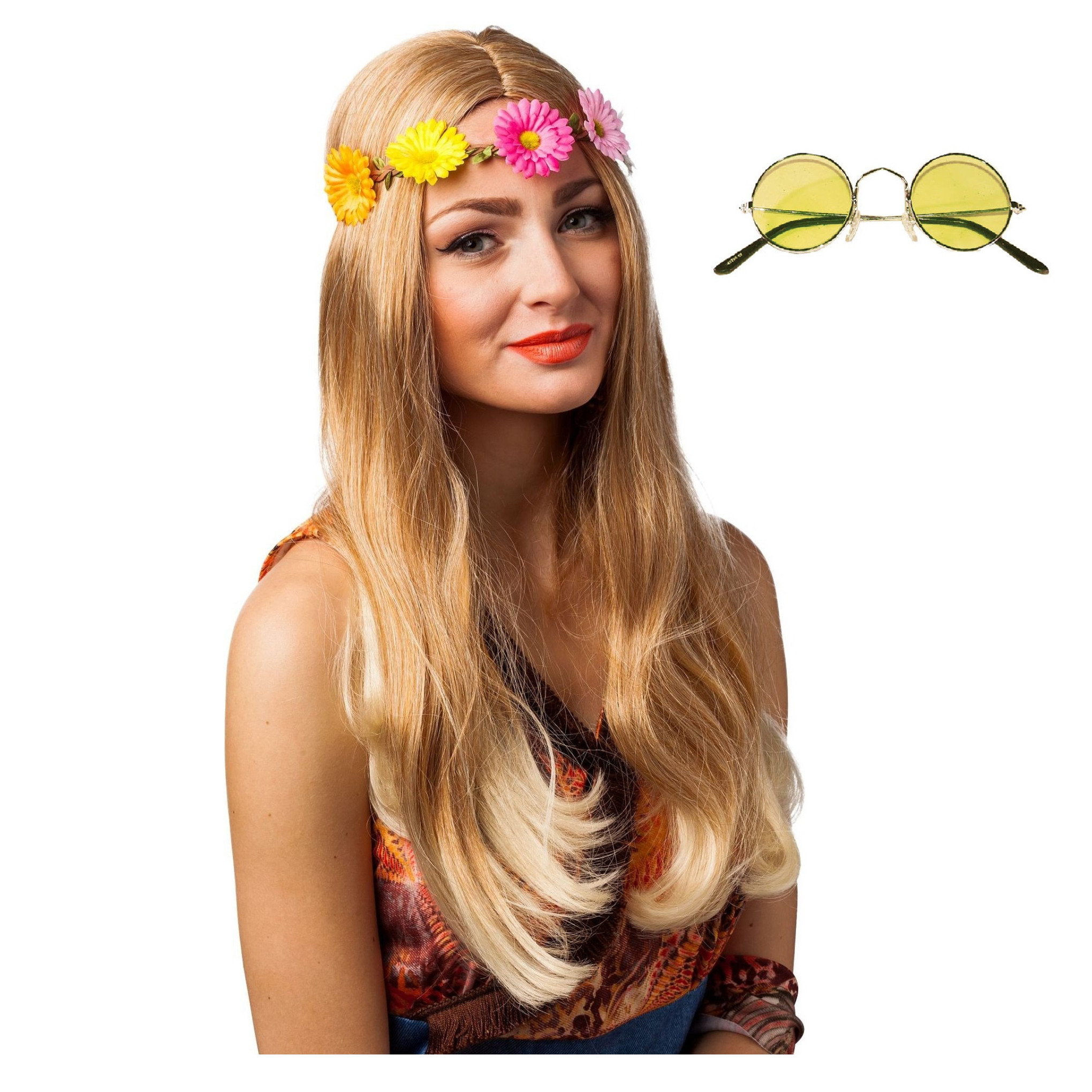 Toppers Hippie Flower Power Sixties verkleed set hoofdband met gele party bril