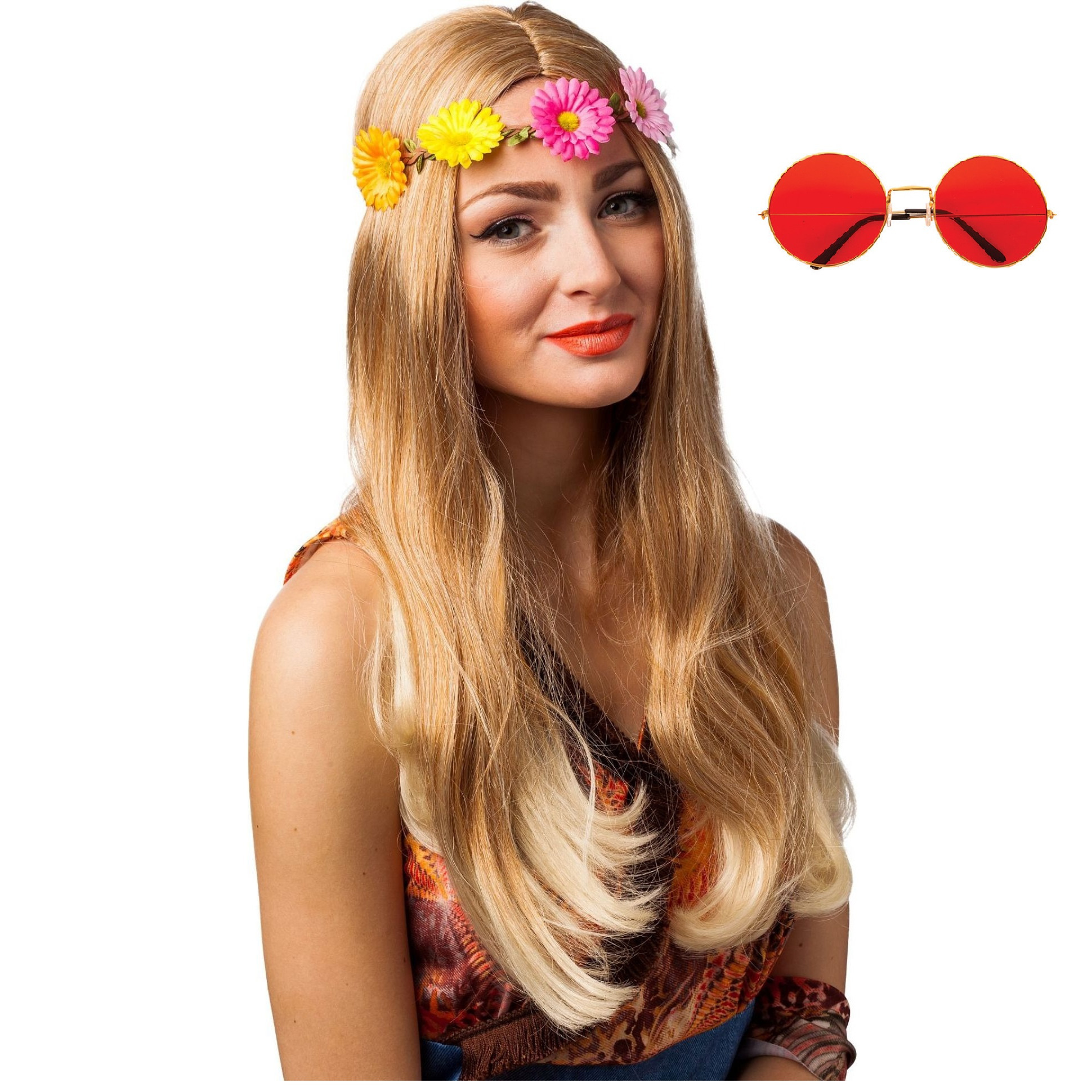 Toppers Hippie Flower Power Sixties verkleed set hoofdband met rode party bril