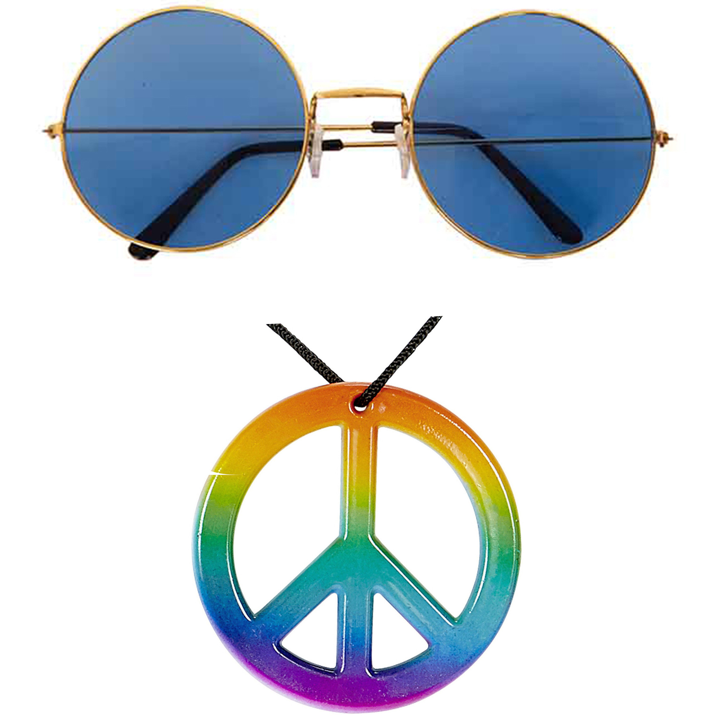 Toppers Hippie Flower Power Sixties verkleed set ketting met blauwe party bril