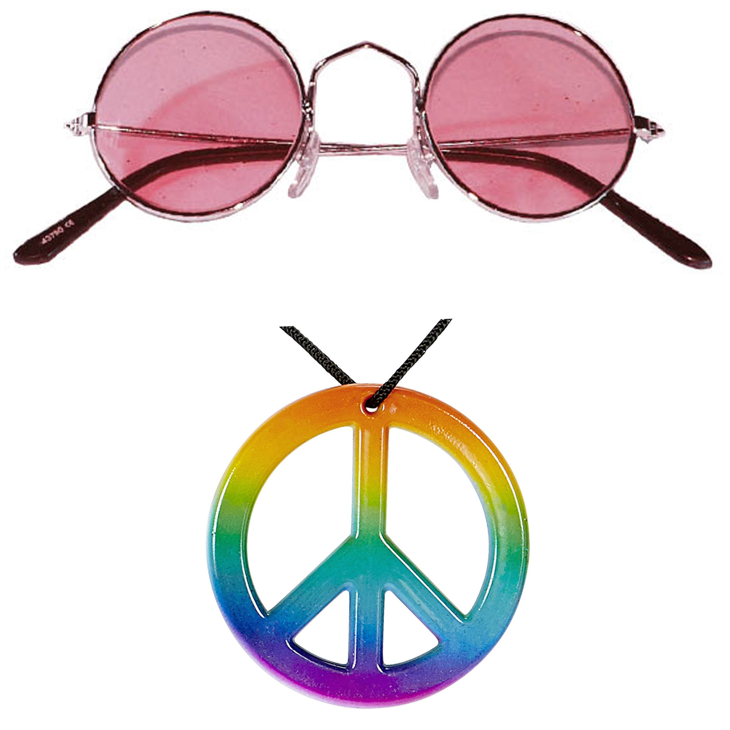 Toppers Hippie Flower Power Sixties verkleed set ketting met roze party bril