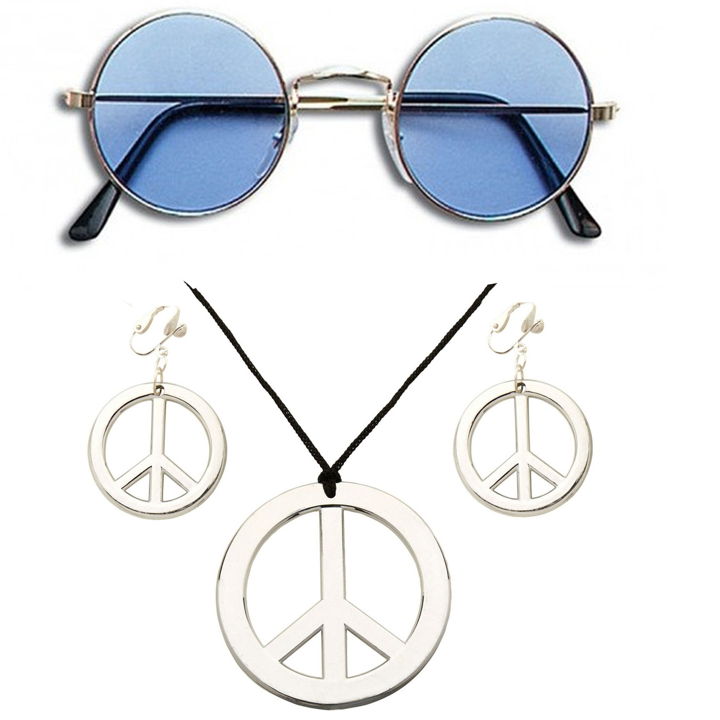Toppers Hippie Flower Power Sixties verkleed sieraden met blauwe party bril