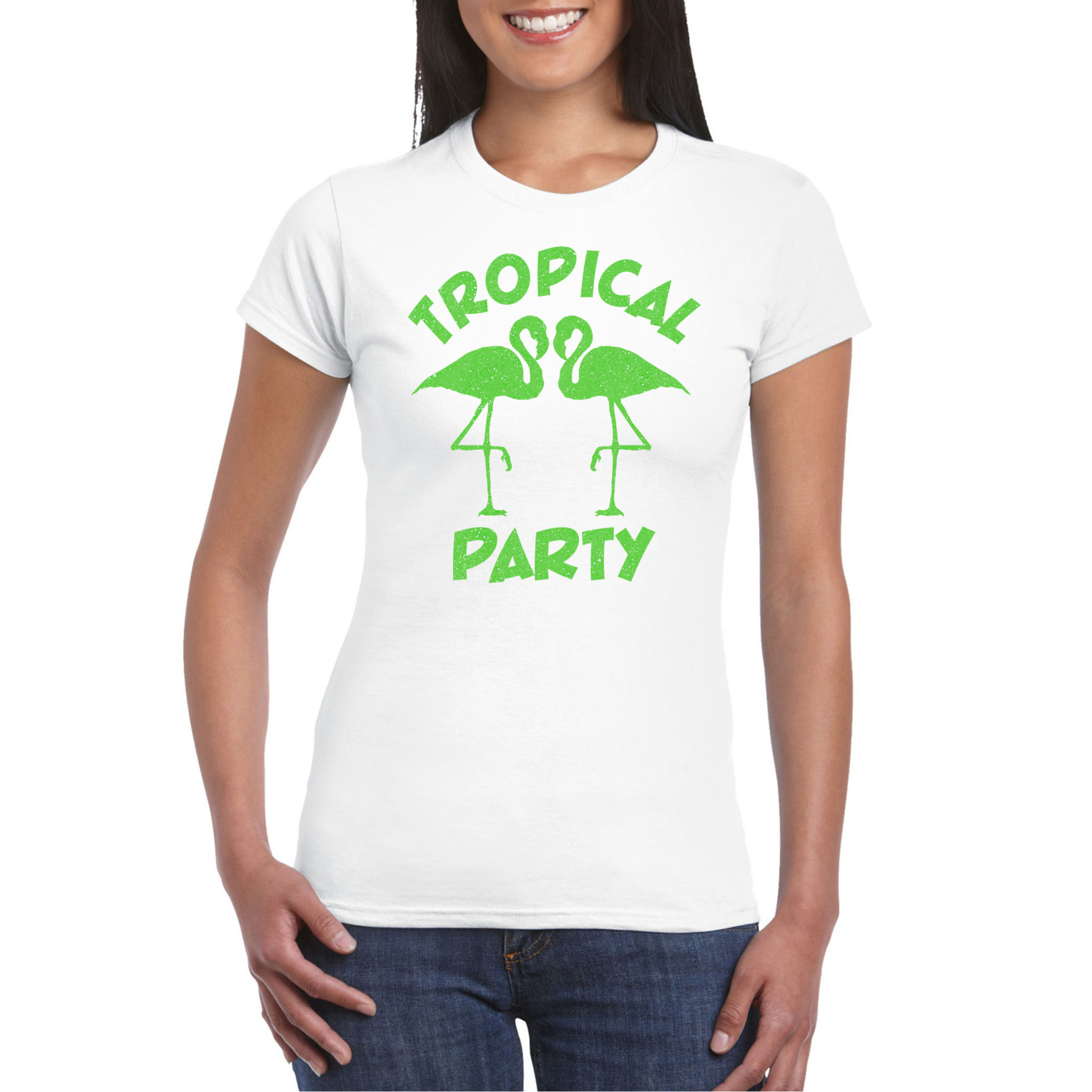 Toppers Tropical party T-shirt voor dames met glitters wit-groen carnaval-themafeest