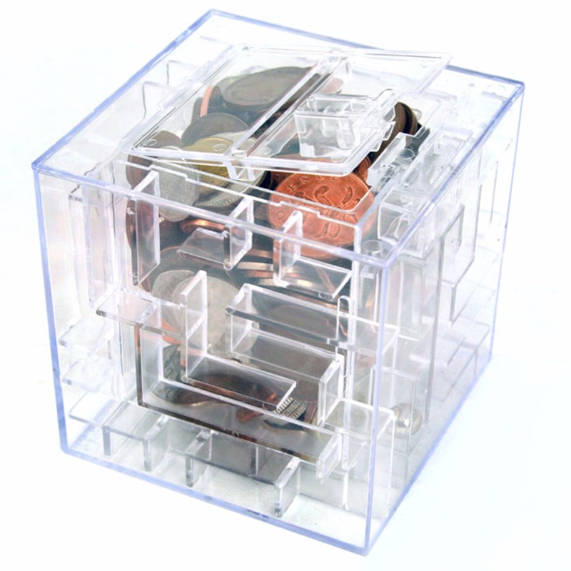 Transparante Spaarpot met doolhof gadget van 9 x 9 x 9 cm -