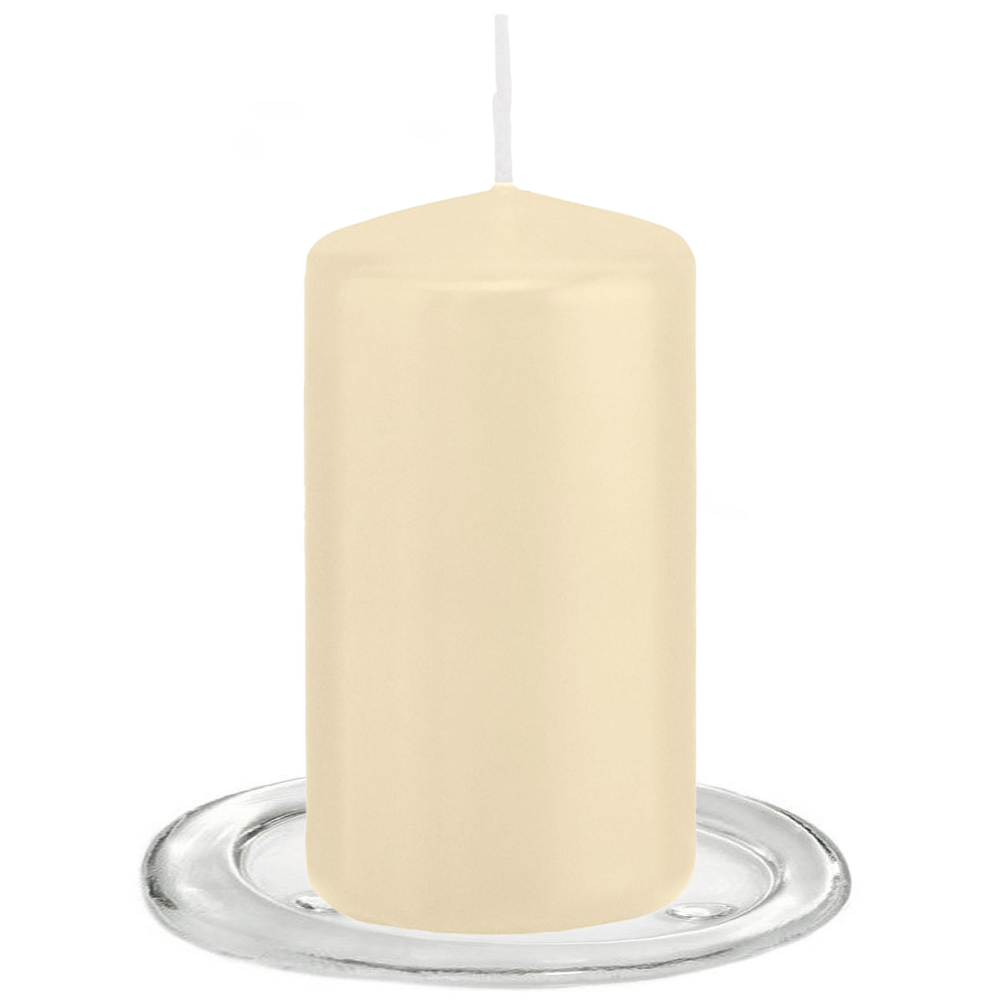 Trend Candles Stompkaarsen met glazen onderzetters set van 2x stuks creme wit 6 x 12 cm