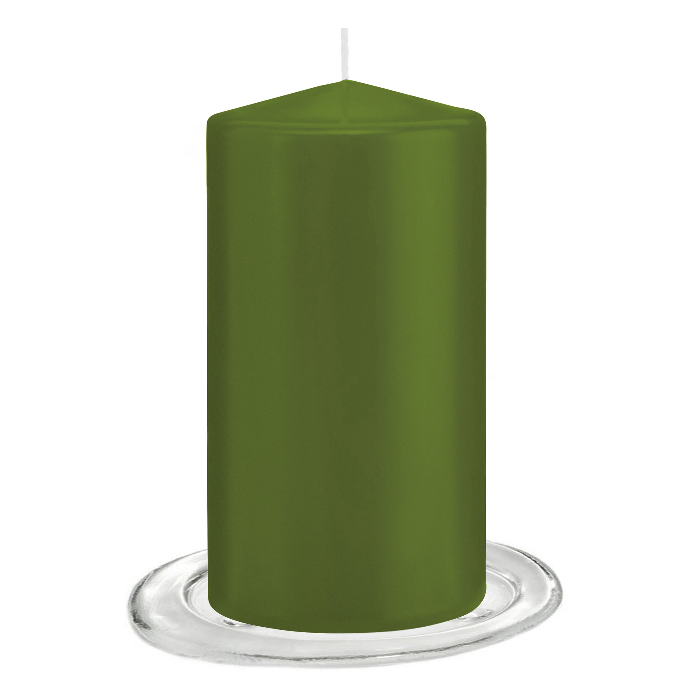 Trend Candles Stompkaarsen met glazen onderzetters set van 2x stuks olijf groen 8 x 15 cm
