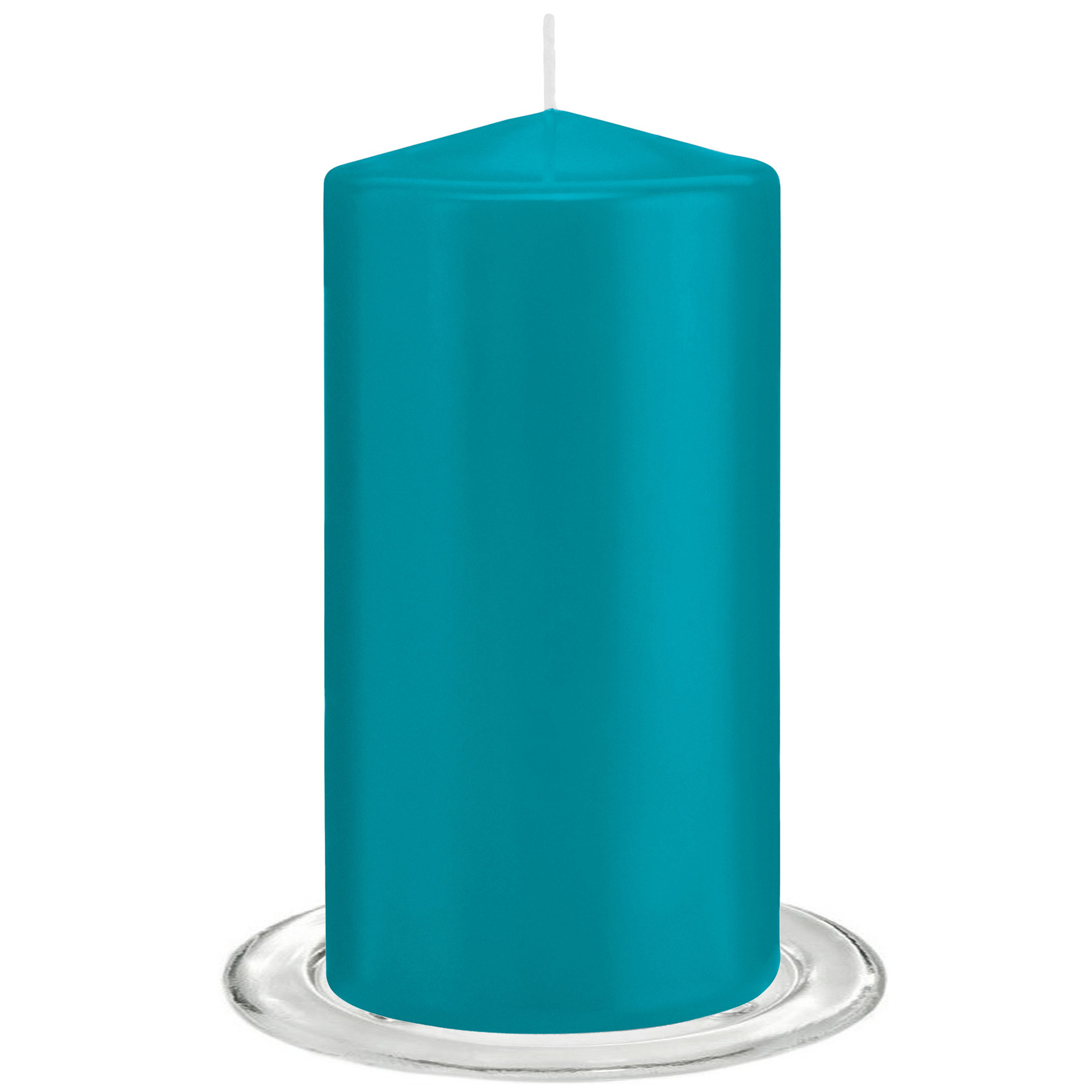 Trend Candles Stompkaarsen met glazen onderzetters set van 2x stuks turquoise blauw 8 x 15 cm