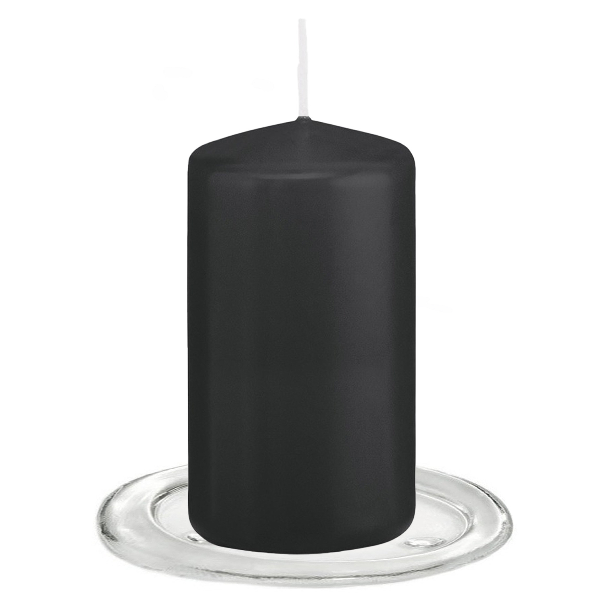 Trend Candles Stompkaarsen met glazen onderzetters set van 2x stuks zwart 6 x 12 cm