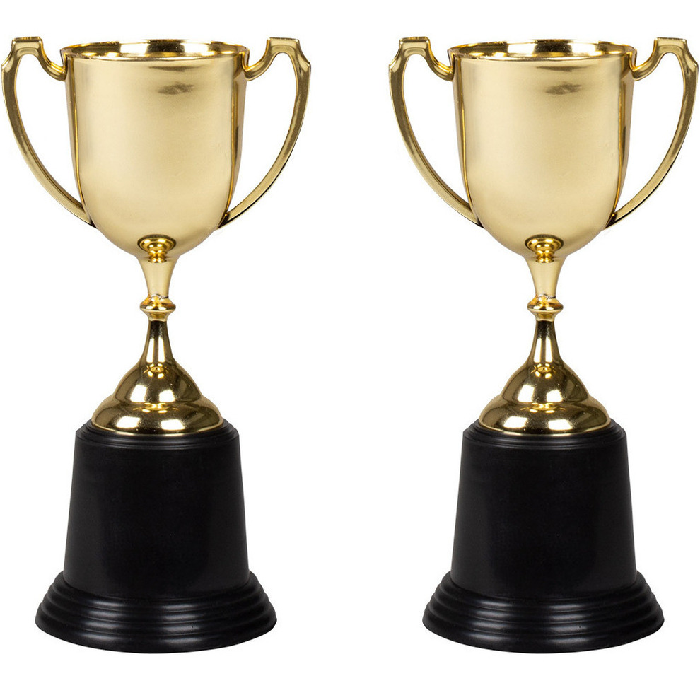 Trofee-prijs beker met handvaten 2x goud kunststof 22 cm