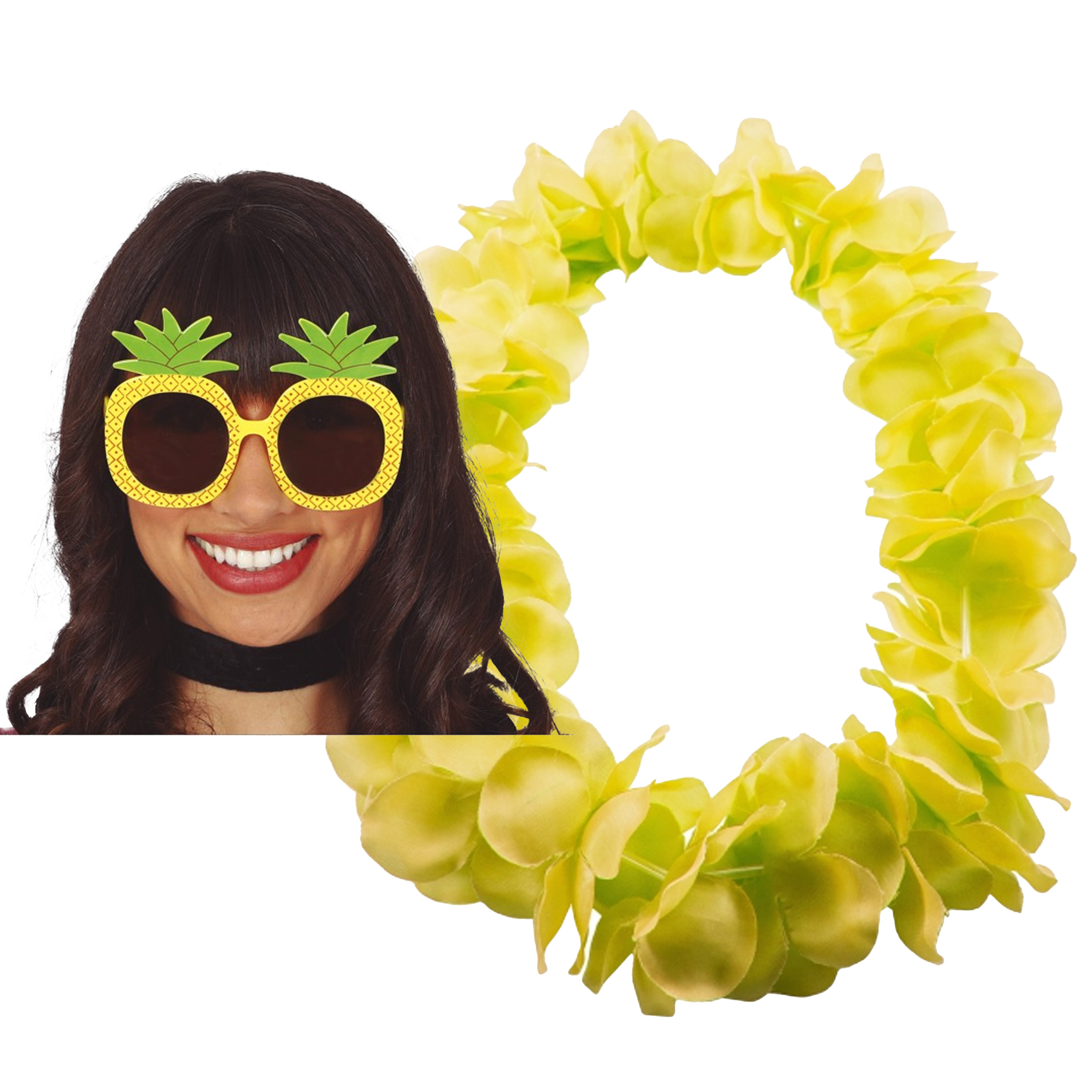 Tropische Hawaii party verkleed accessoires set Ananas zonnebril en bloemenkrans fluor geel