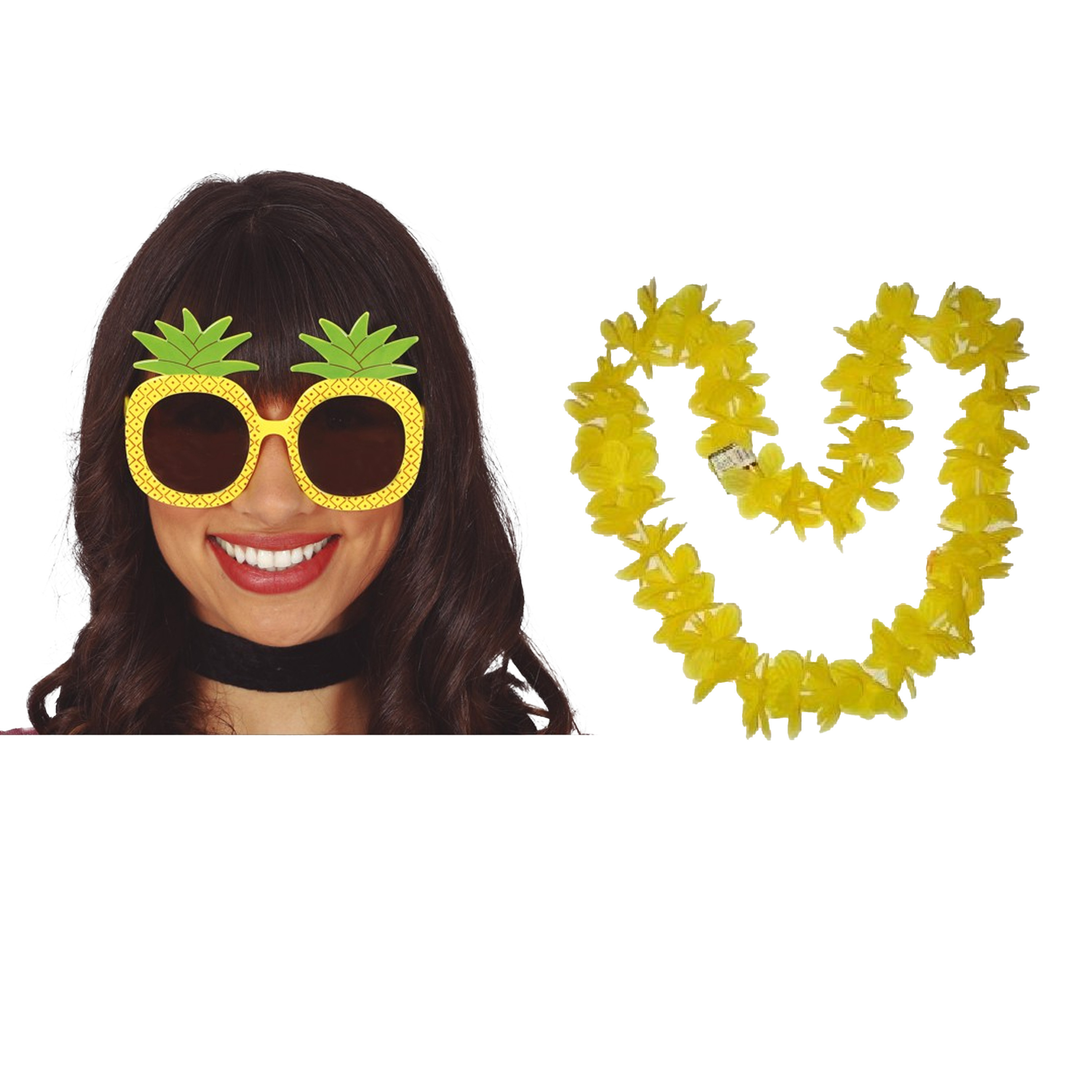 Tropische Hawaii party verkleed accessoires set Ananas zonnebril en bloemenkrans geel