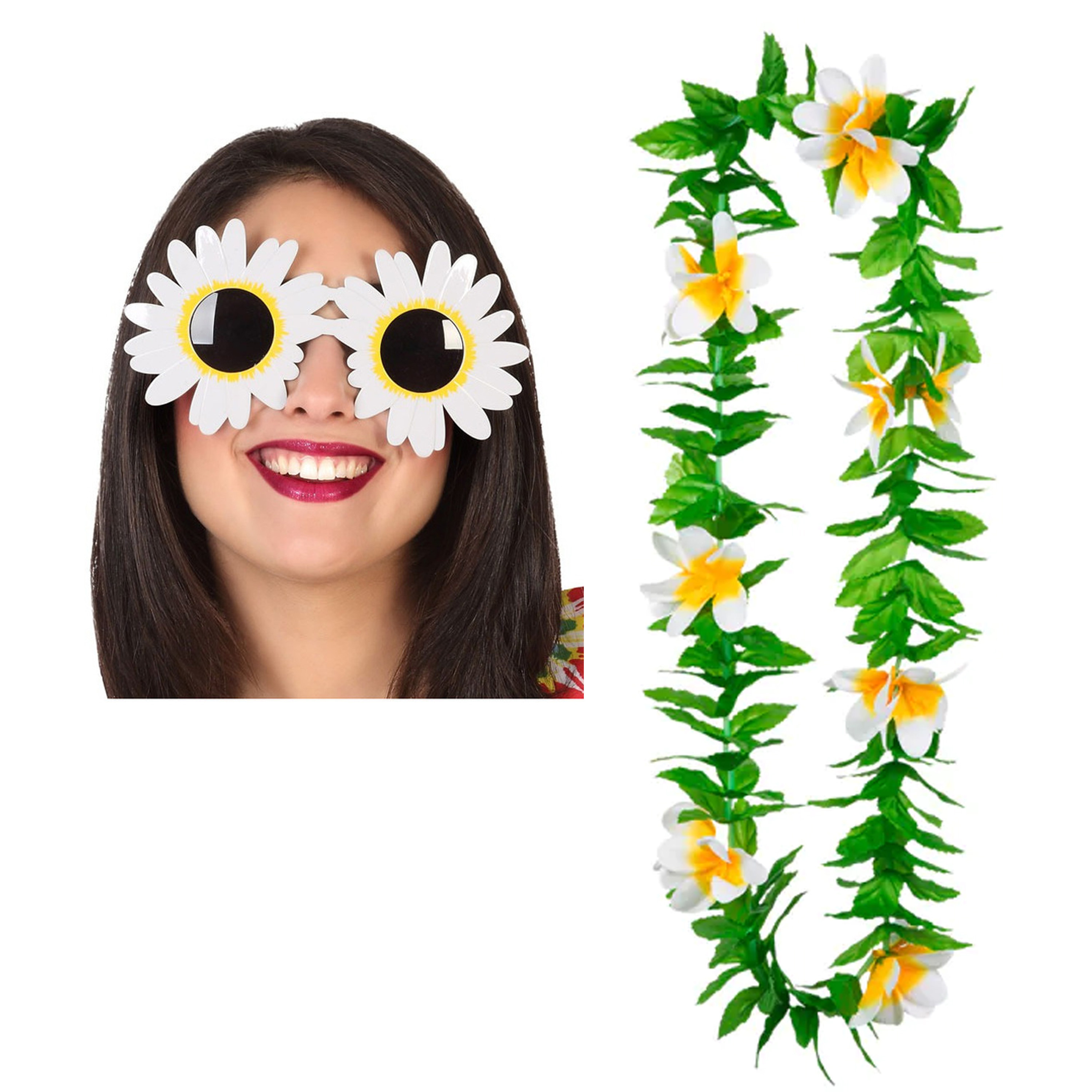 Tropische Hawaii party verkleed accessoires set bloemen zonnebril en bloemenkrans groen-wit