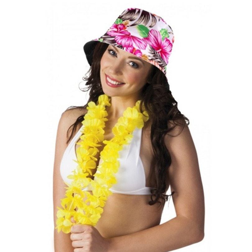 Tropische Hawaii party verkleedset bucket hoedje met bloemenslinger volwassenen summer