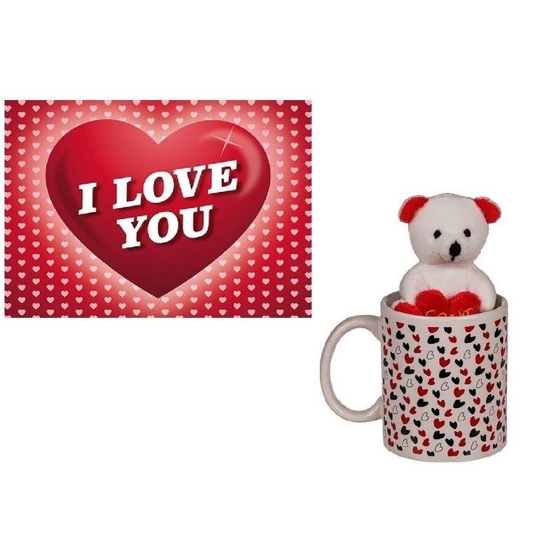 Valentijnscadeau beker met knuffelbeer en valentijnskaart