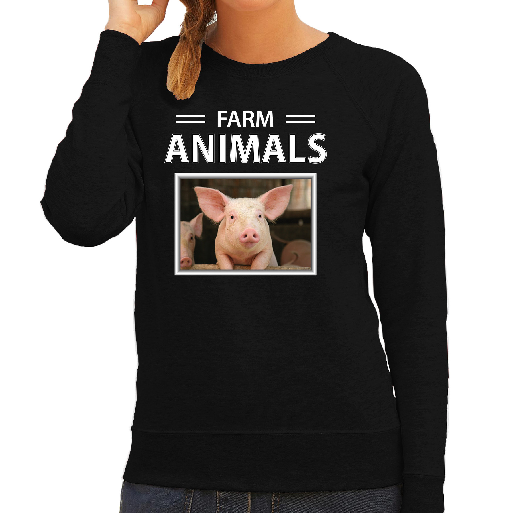 Varkens sweater-trui met dieren foto farm animals zwart voor dames