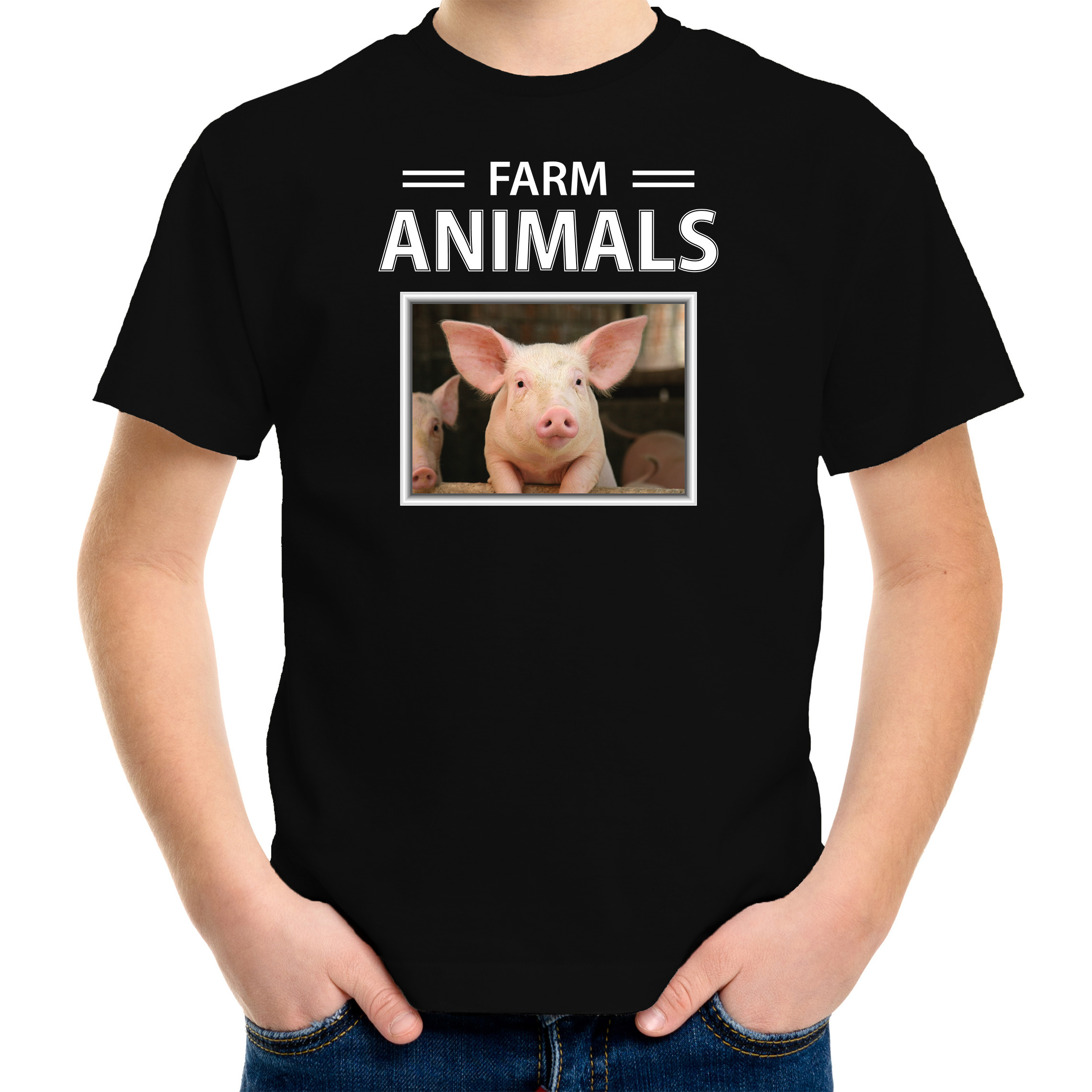 Varkens t-shirt met dieren foto farm animals zwart voor kinderen