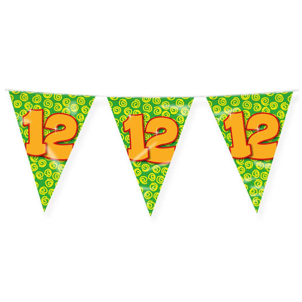 Verjaardag 12 jaar thema Vlaggetjes Feestversiering 10m Folie Dubbelzijdig