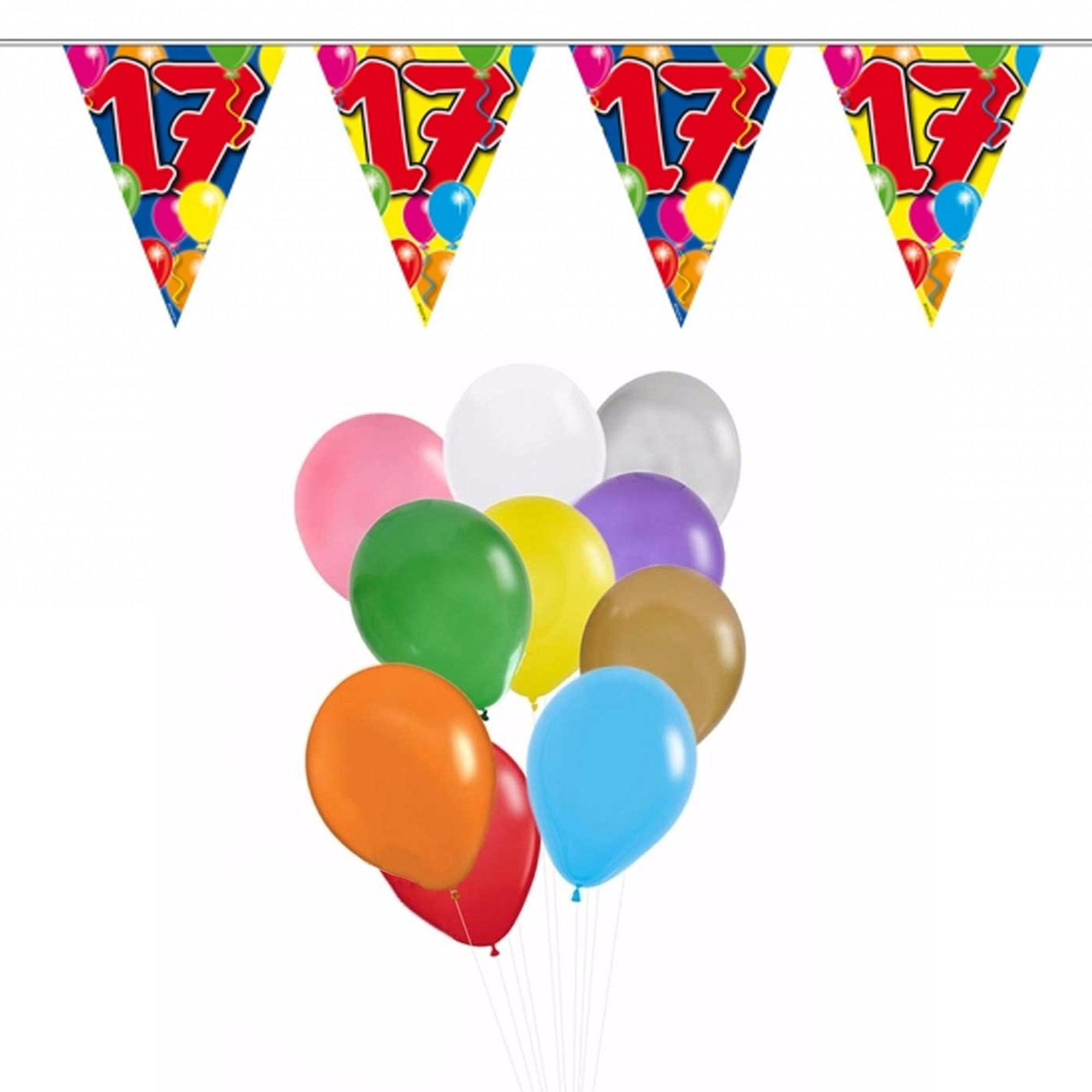 Verjaardag 17 jaar feest thema set 50x ballonnen en 2x leeftijd print vlaggenlijnen -
