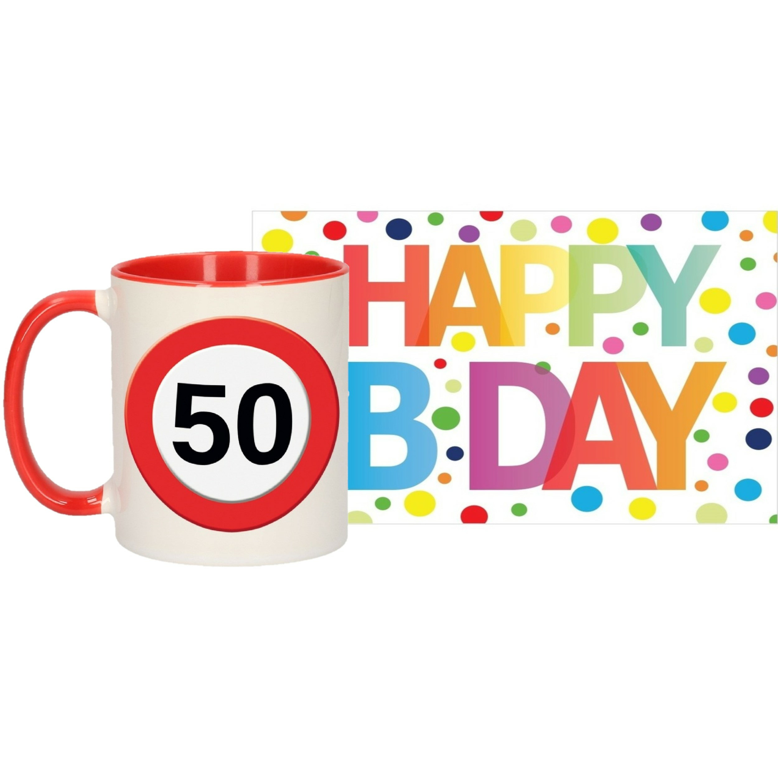 Verjaardag cadeau mok-beker 50 jaar print 300 ml + A5-size wenskaart Happy Birthday
