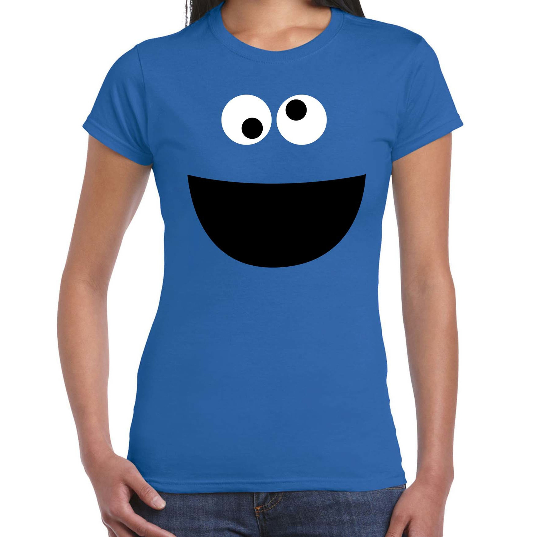 Verkleed-carnaval t-shirt blauw cartoon knuffel monster voor dames Verkleed-kostuum shirts