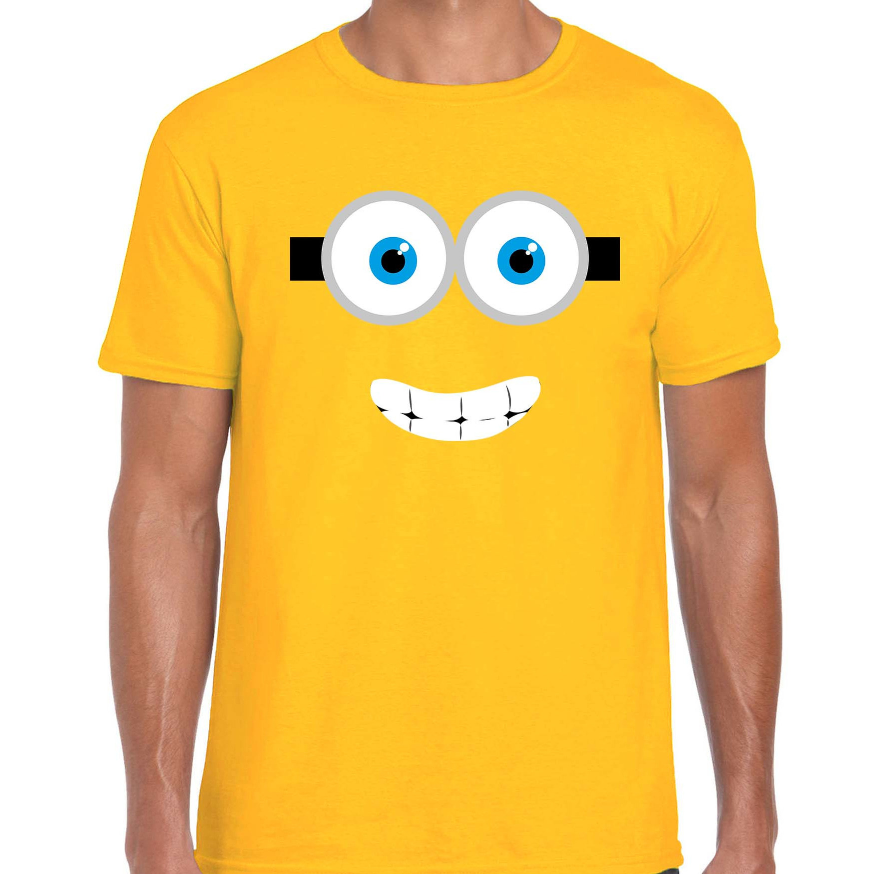 Verkleed-carnaval t-shirt lachend geel poppetje voor heren Verkleed-kostuum shirts