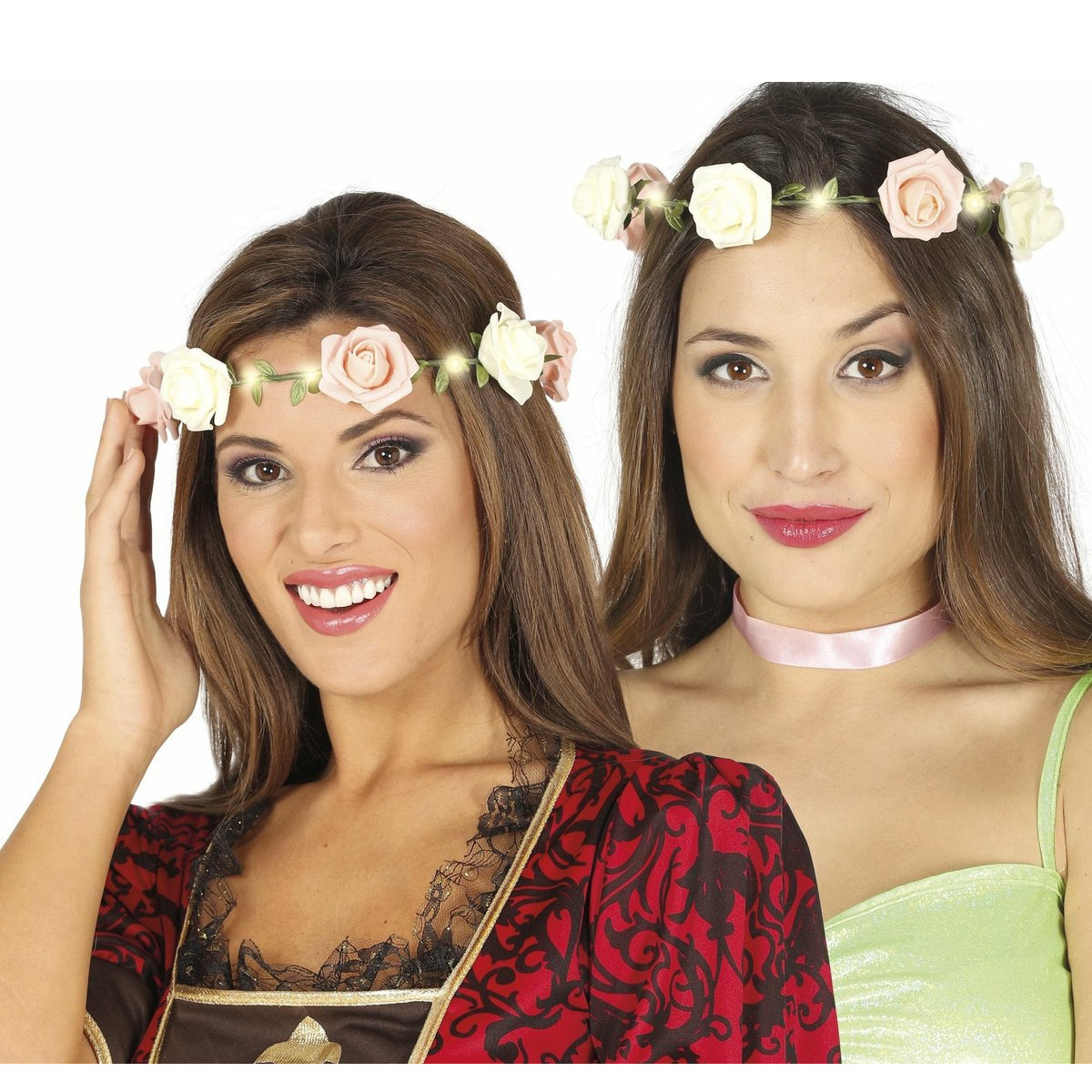 Verkleed haarband met bloemen en lampjes 2x roze meisjes-dames Hippie-Flower Power bloemenkr