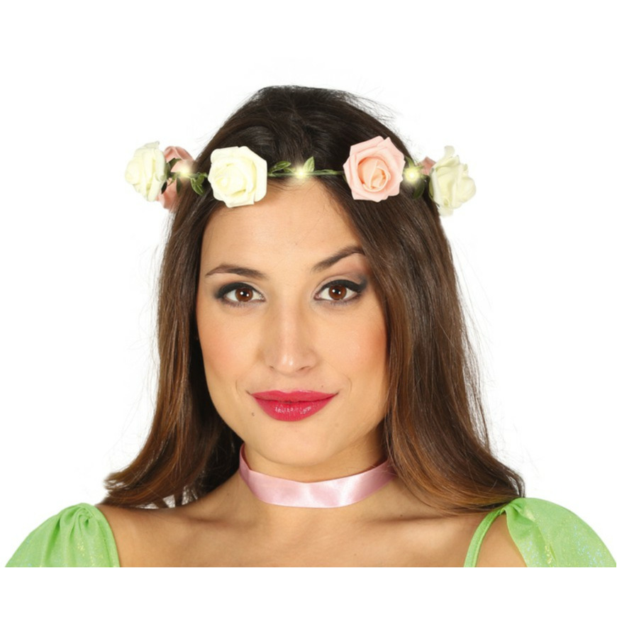 Verkleed haarband met bloemen en lampjes roze meisjes-dames Hippie-Flower Power bloemenkrans