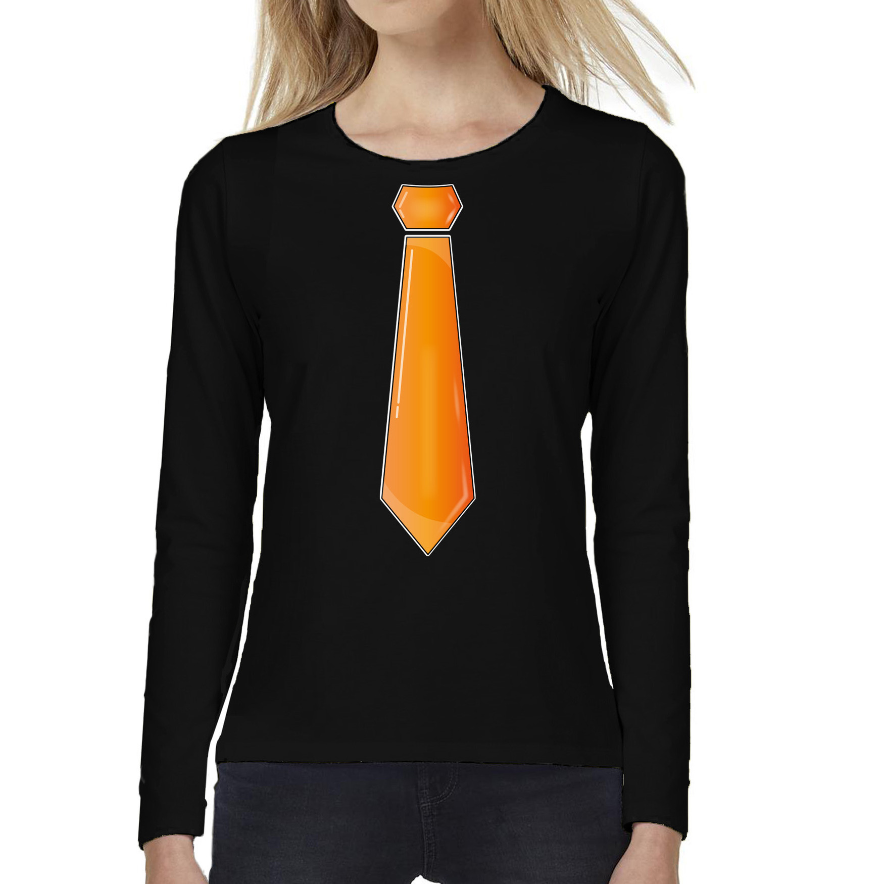 Bellatio Decorations Verkleed shirt voor dames - stropdas oranje - zwart - carnaval - foute party L