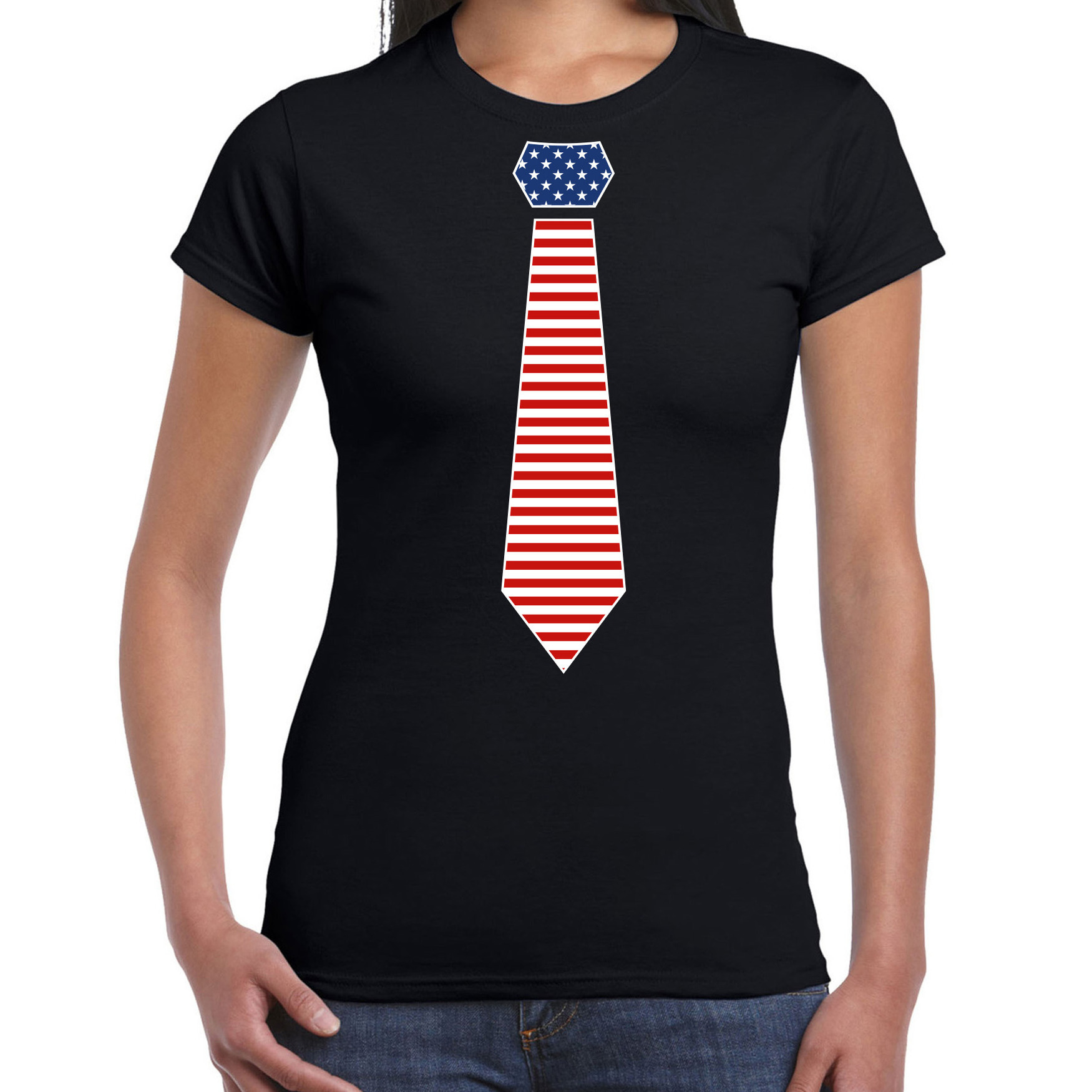 Verkleed t-shirt voor dames Amerikaanse stopdas zwart themafeest