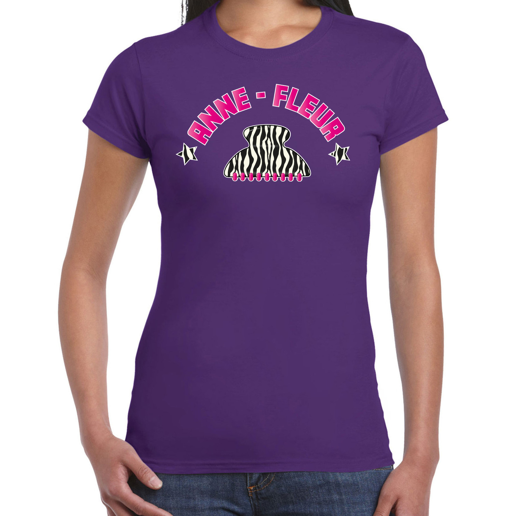 Verkleed t-shirt voor dames kakker Anne Fleur paars haarklem vakantie-carnaval