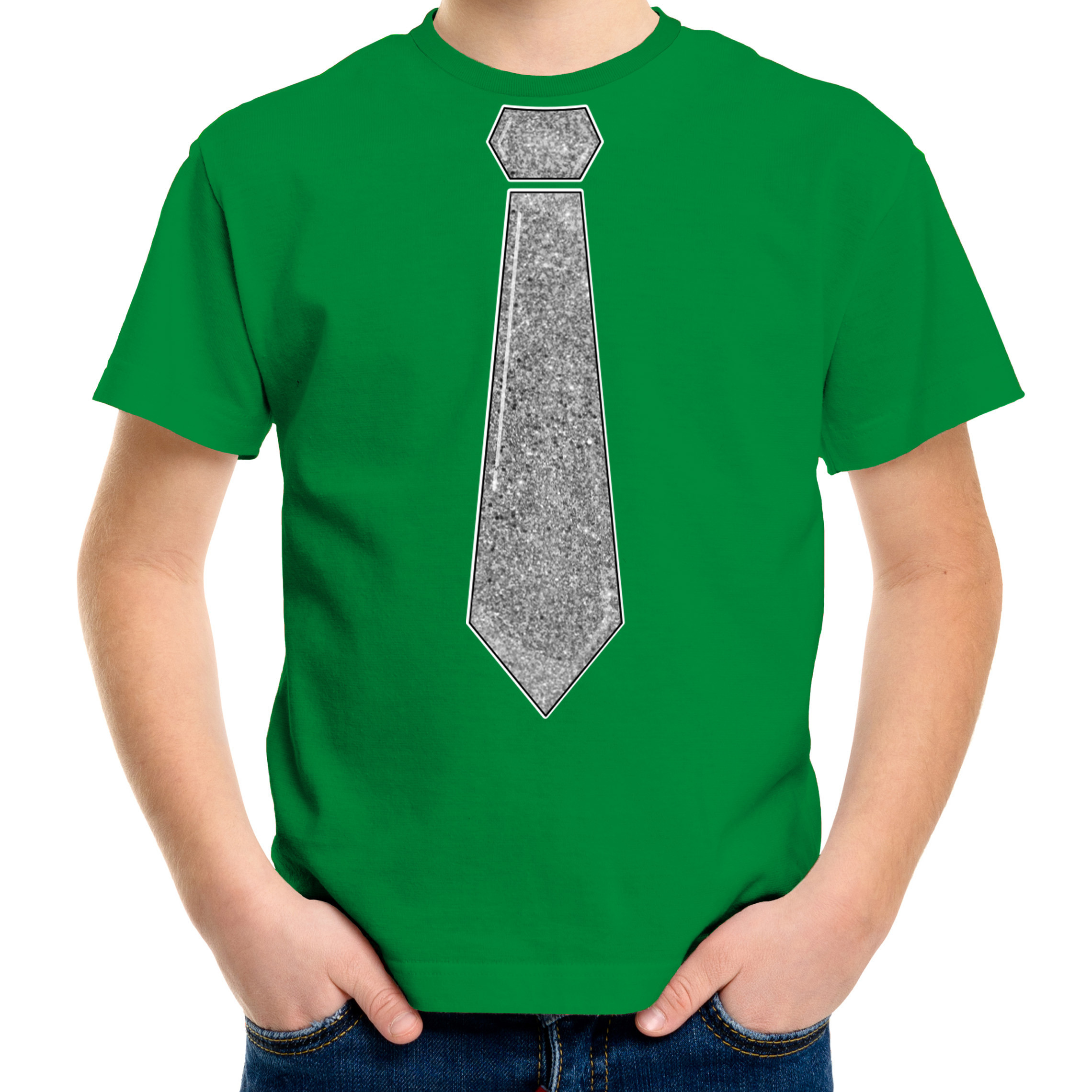Verkleed t-shirt voor kinderen glitter stropdas groen jongen carnaval-themafeest kostuum