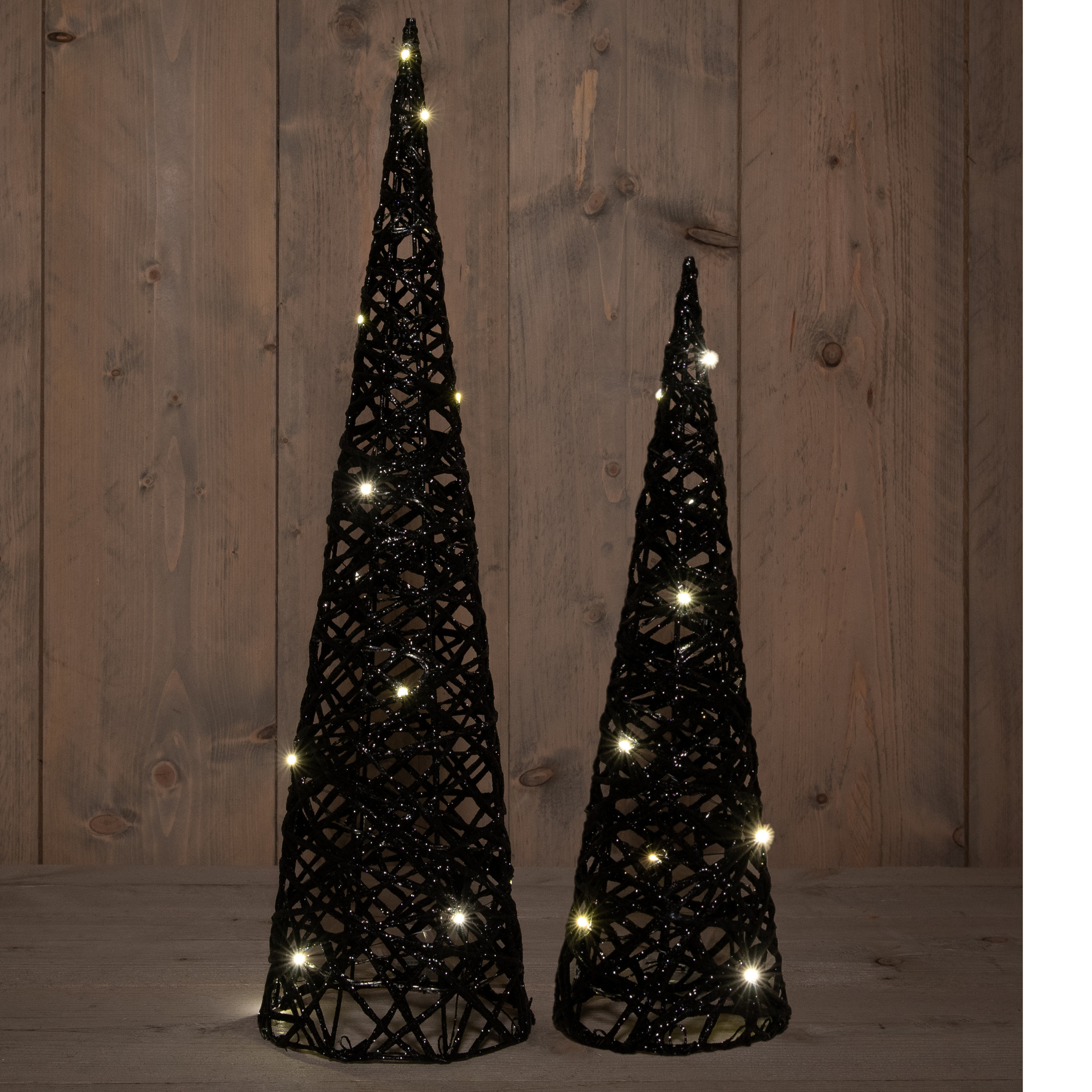 Verlichte LED kegel kerstbomen 2x st zwart H40 en H60 cm kunststof