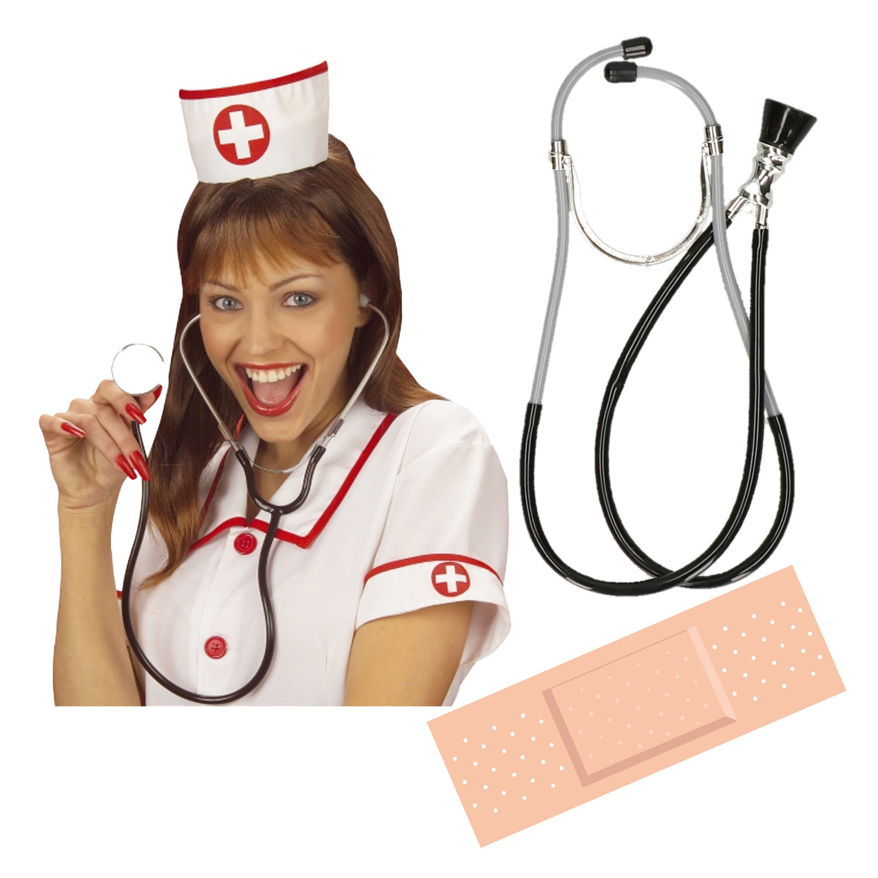 Verpleegster-zuster ziekenhuis verkleed accessoires 3-delig stethoscoop-fun pleisters-kapje