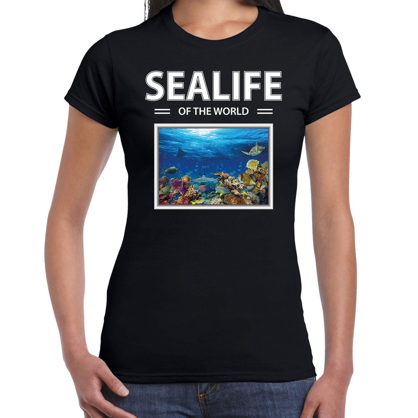 Vissen t-shirt met dieren foto sealife of the world zwart voor dames