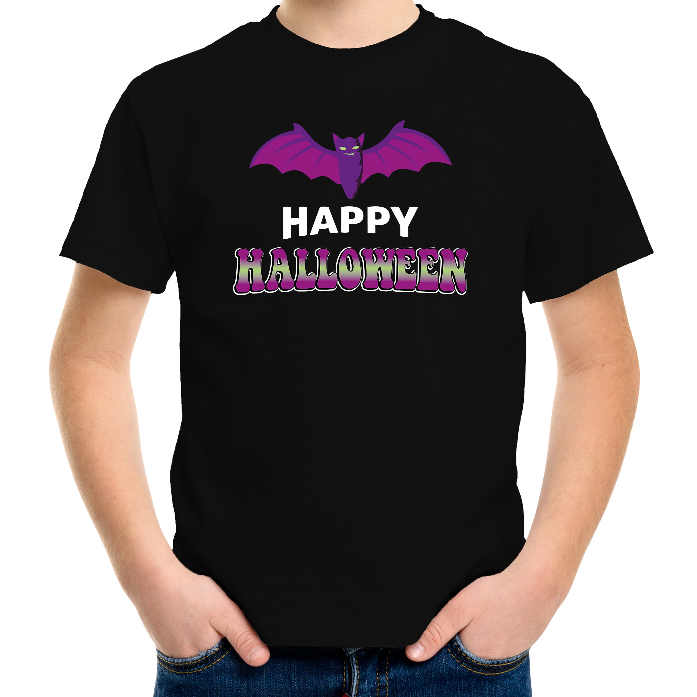 Vleermuis / happy halloween verkleed t-shirt zwart voor kinderen