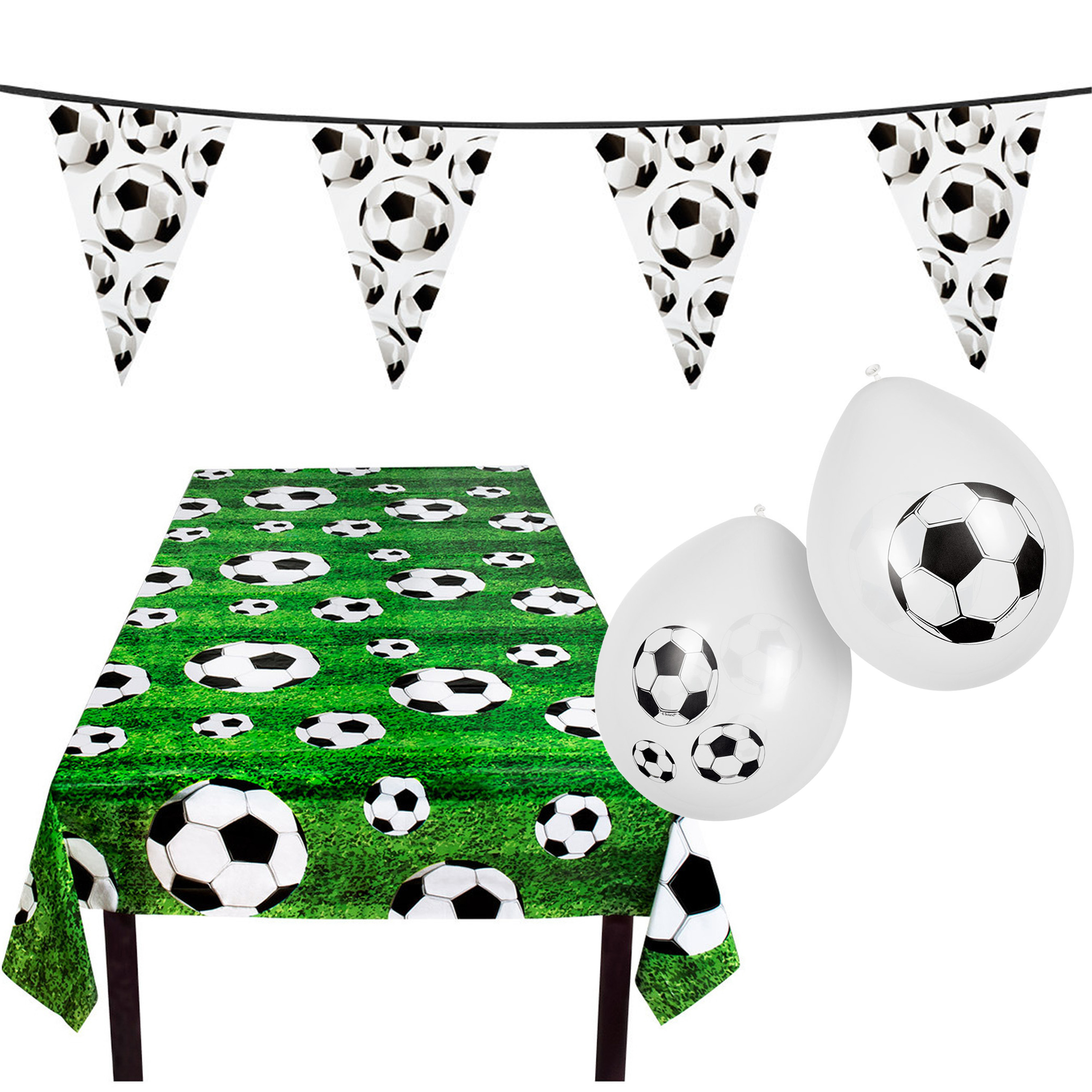 Voetbal versiering feestpakket tafelkleed 120 x 180 cm vlaggenlijn 6 m 12x ballonnen