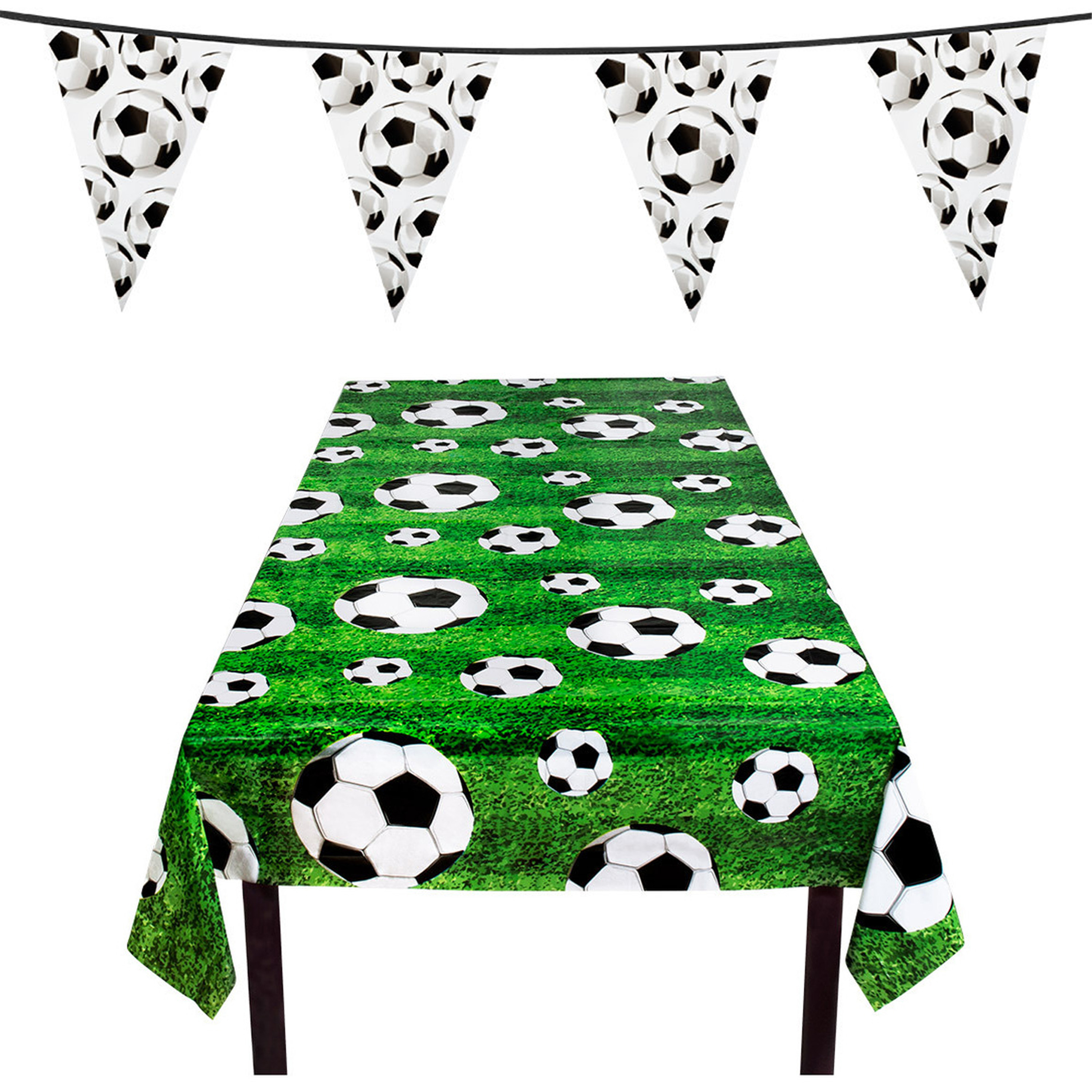 Voetbal versiering feestpakket tafelkleed 120 x 180 cm vlaggenlijn 6 m