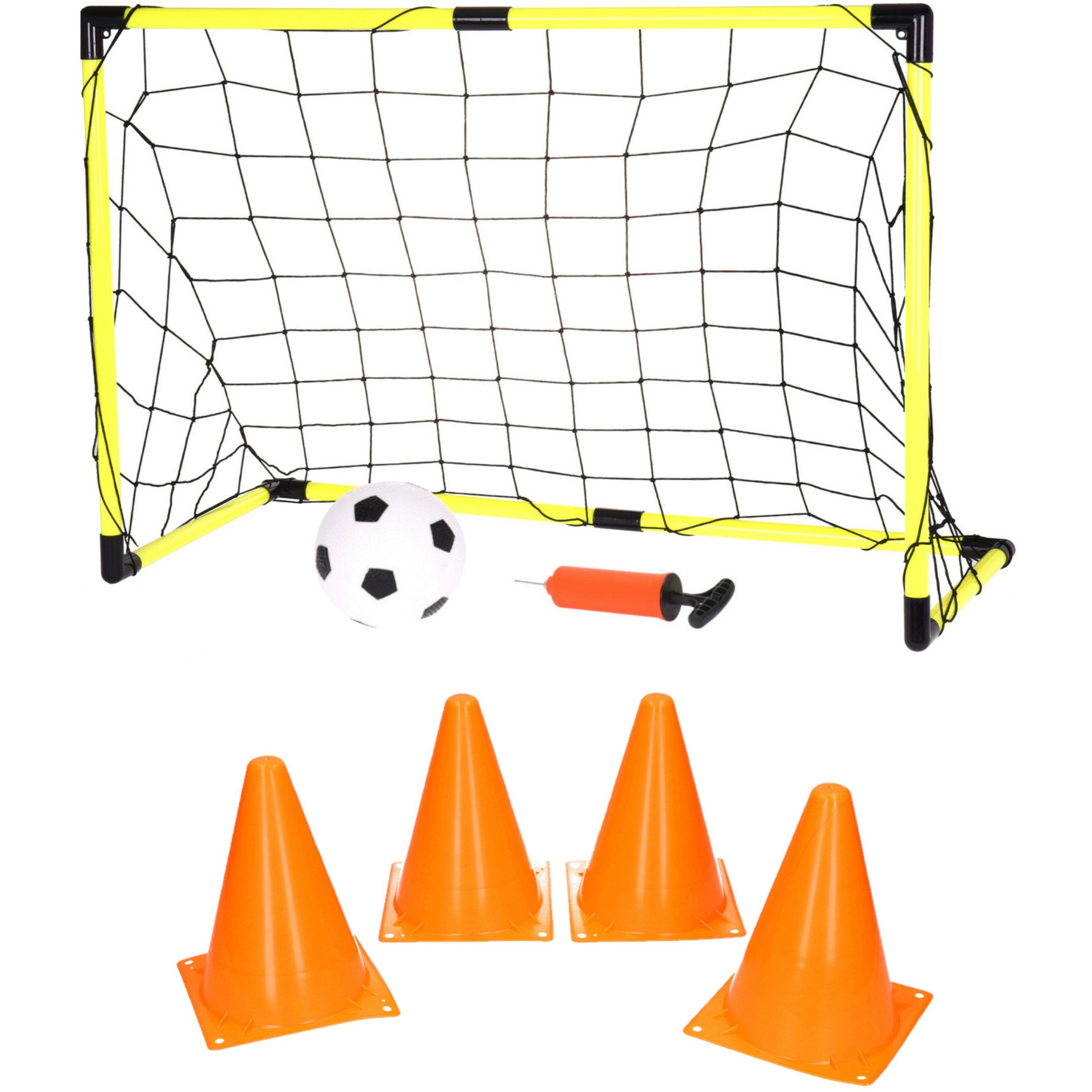Voetbalgoal-voetbaldoel met bal en pomp incl. 4x oranje pionnen 17 cm