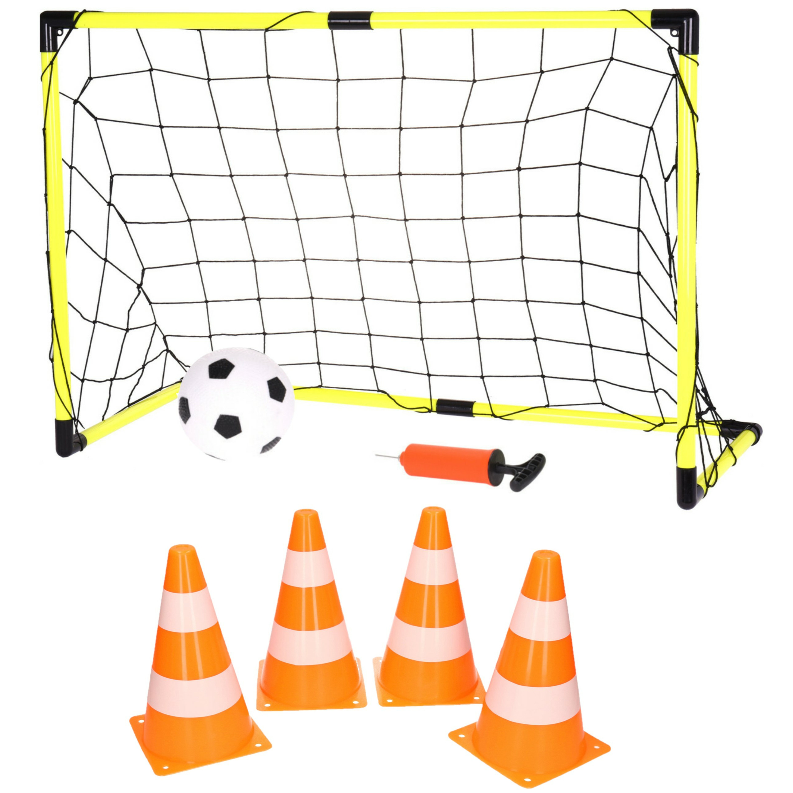 Voetbalgoal-voetbaldoel met bal en pomp incl. 4x oranje-witte pionnen