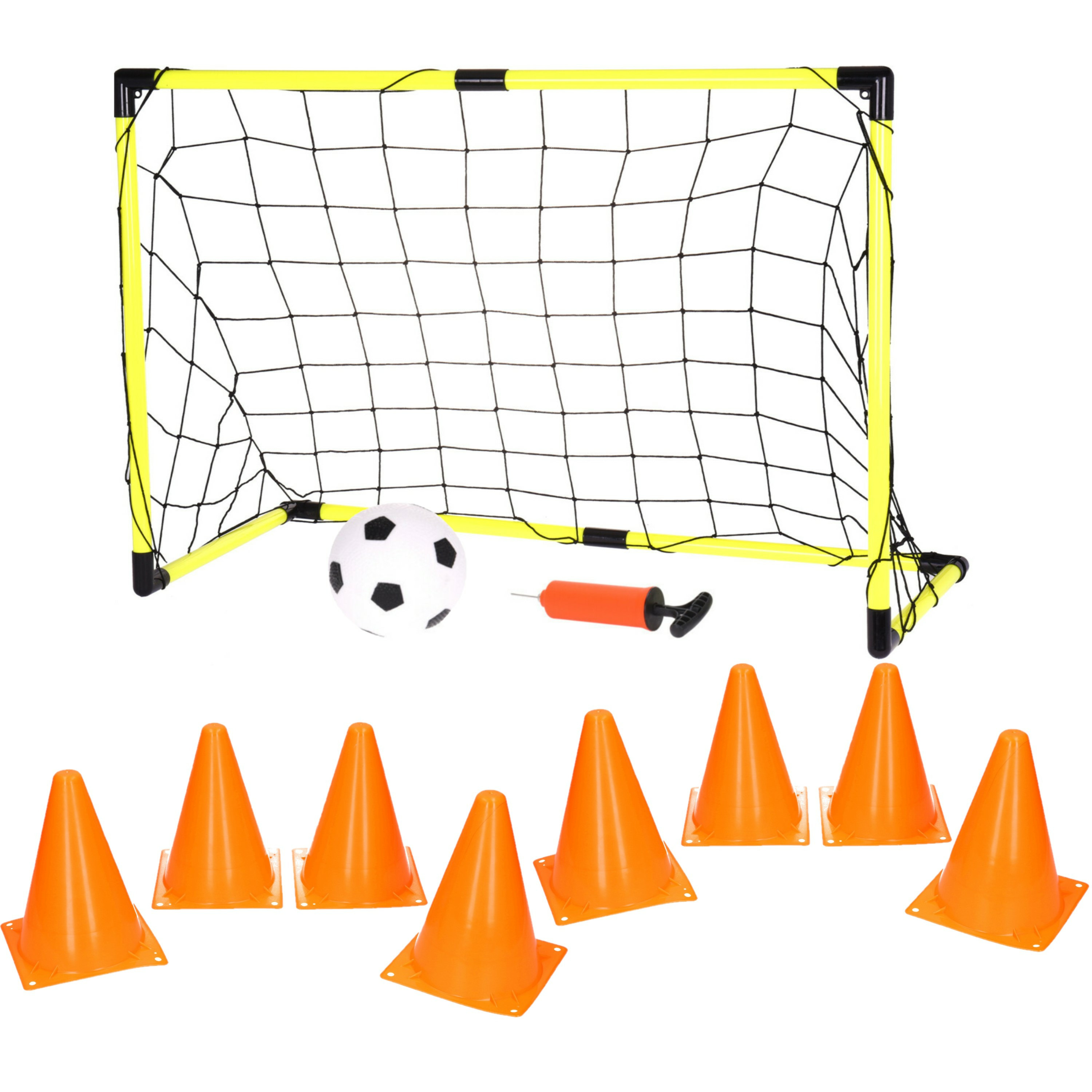 Voetbalgoal-voetbaldoel met bal en pomp incl. 8x oranje pionnen 17 cm