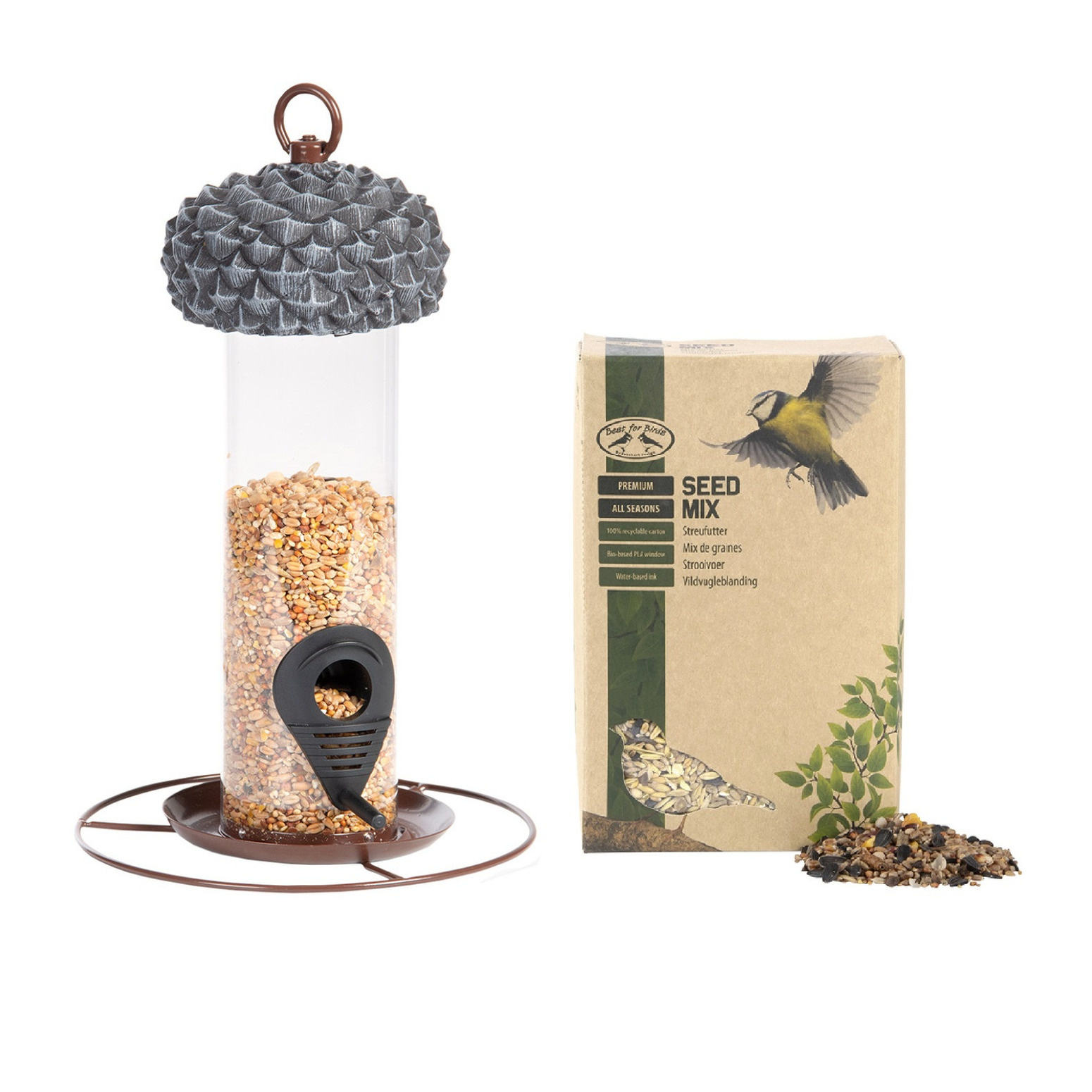 Vogel voedersilo met eikeldeksel metaal/pvc 27 cm inclusief vogelvoer - Vogel voederstation - Vogelvoederhuisje