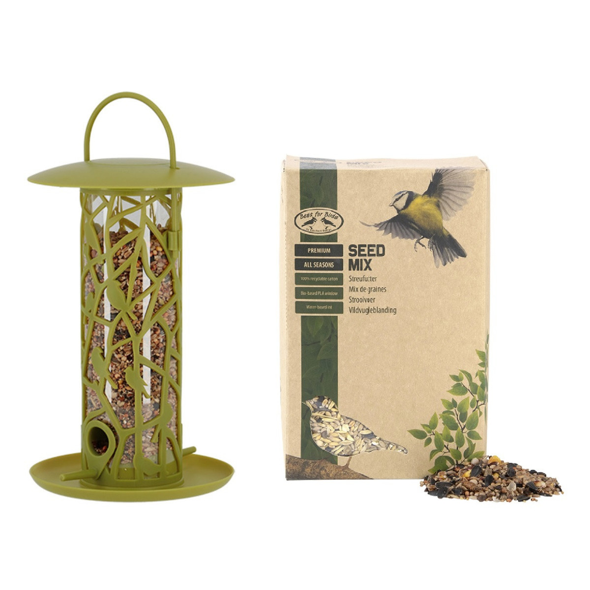 Vogel voedersilo met zitstokjes en tray groen kunststof 27 cm inclusief vogelvoer - Vogel voederstation - Vogelvoederhuisje