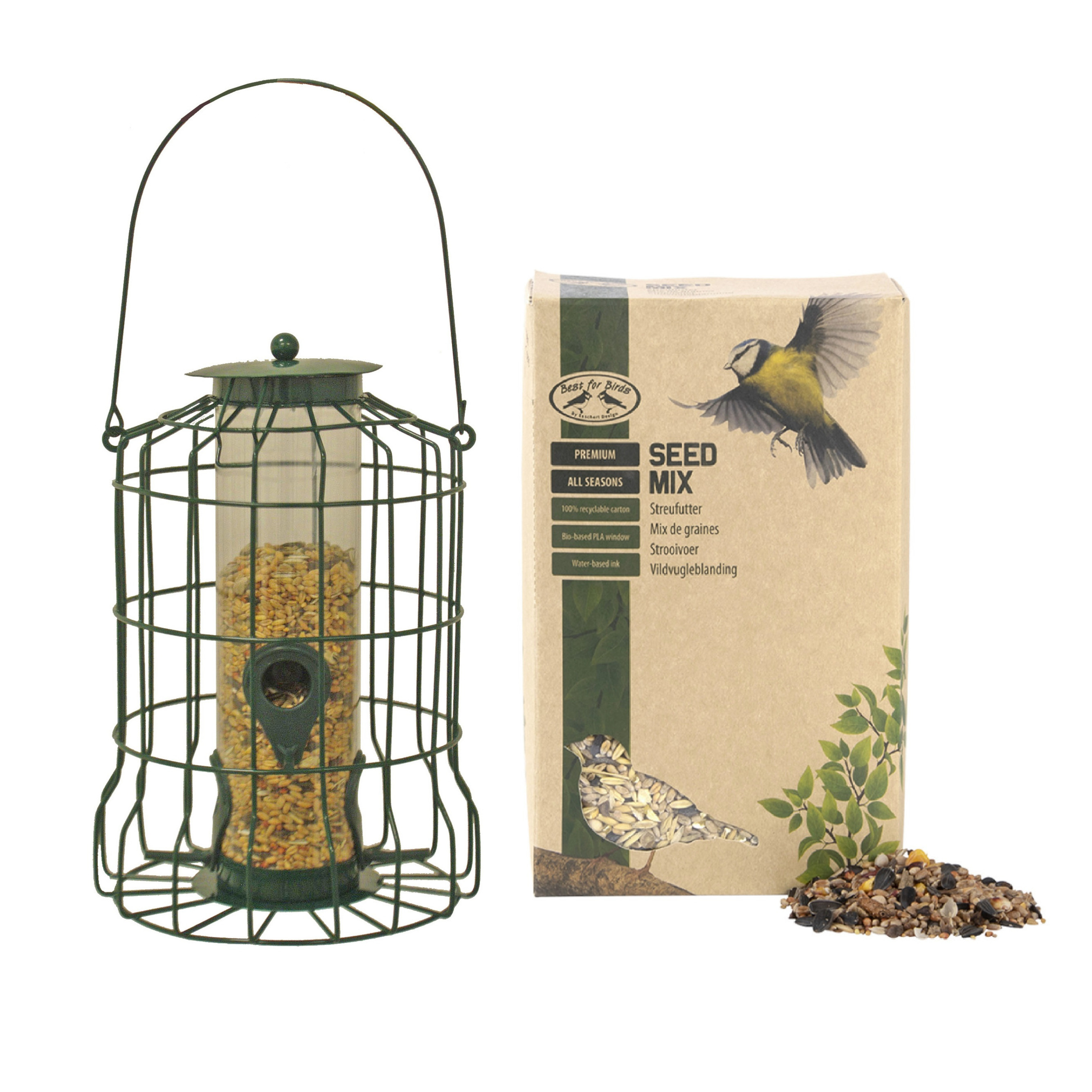 Vogel voedersilo voor kleine vogels metaal groen 36 cm inclusief vogelvoer - Vogel voederstation - Vogelvoederhuisje