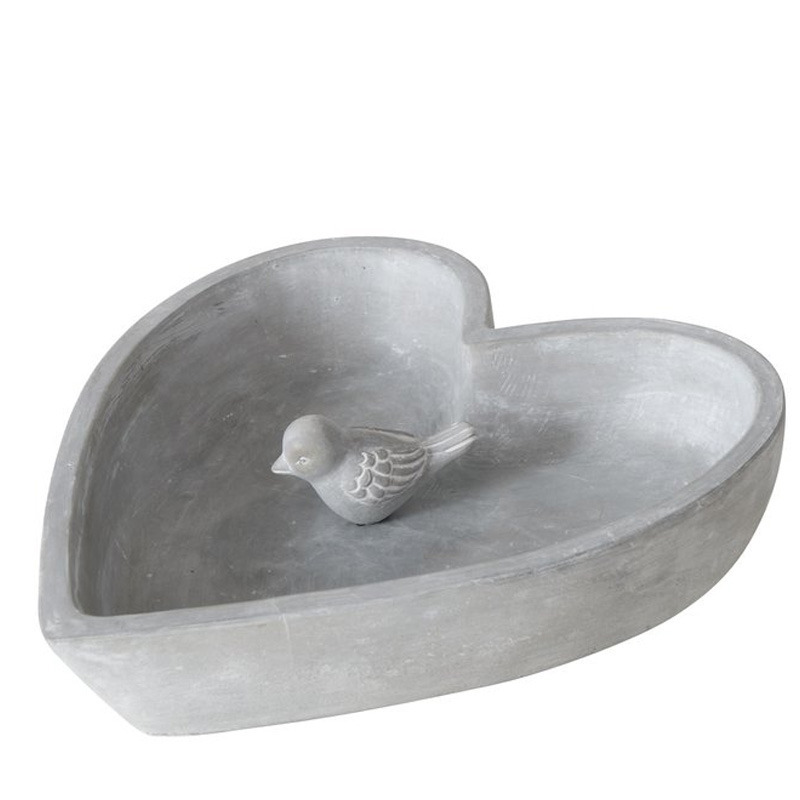 Vogelbad-voederschaal hart grijs beton 24 x 5 cm drinkschaal voor tuinvogels